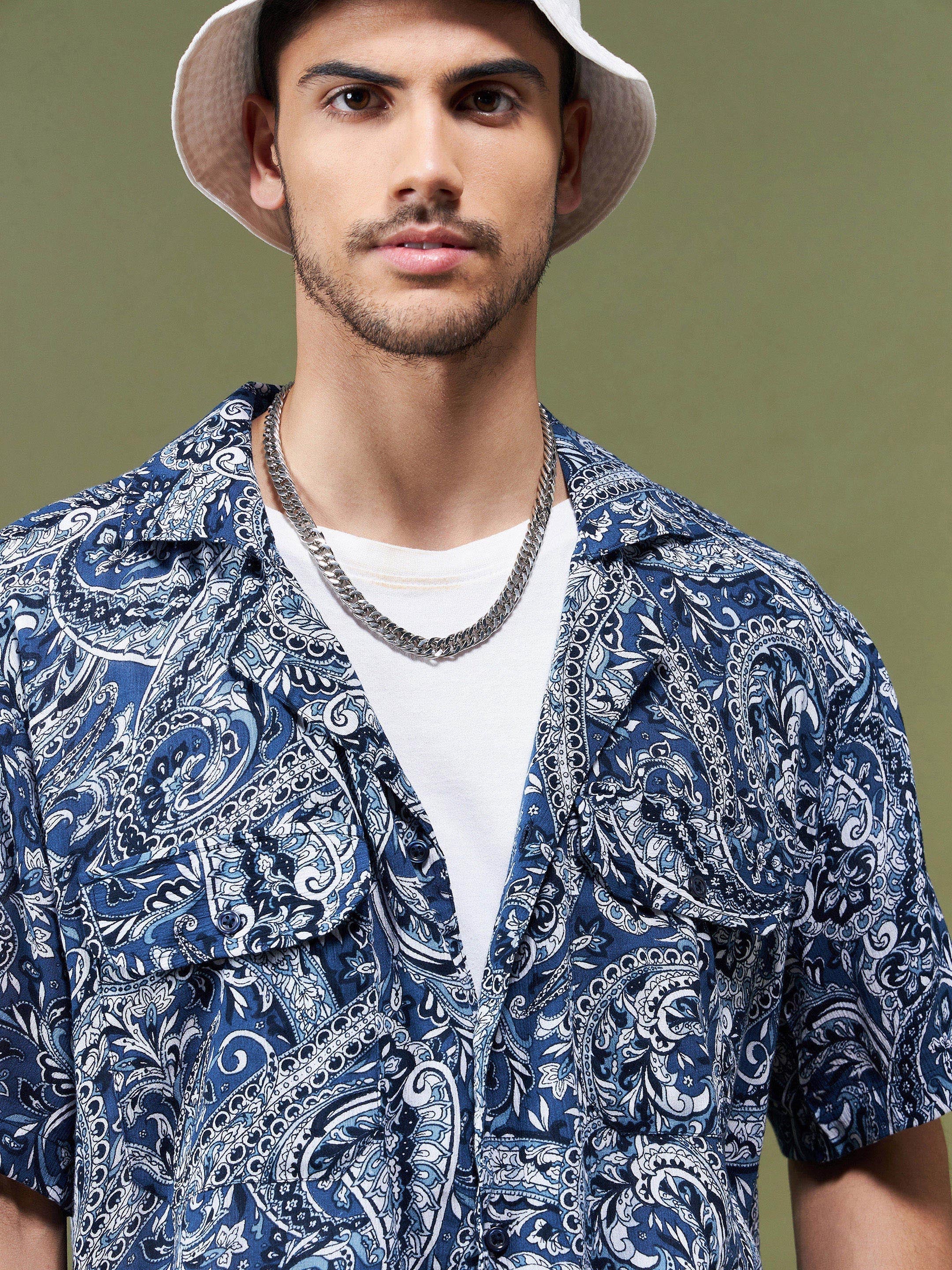 Unisex Navy Paisley Relax Fit Shirt - Image 4
