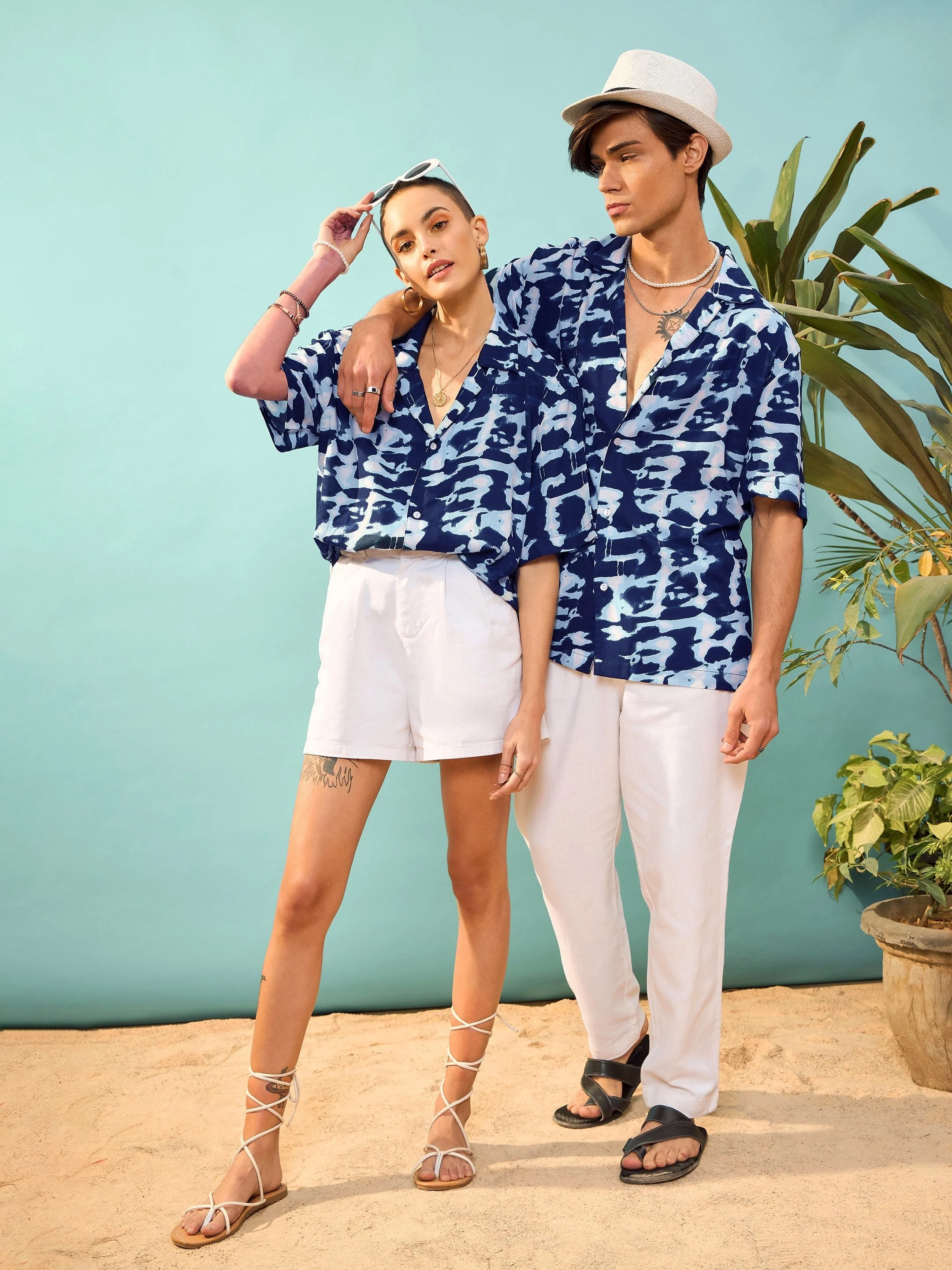 Unisex Navy & White Abstract Printed Relax Fit Shirt - Image 2