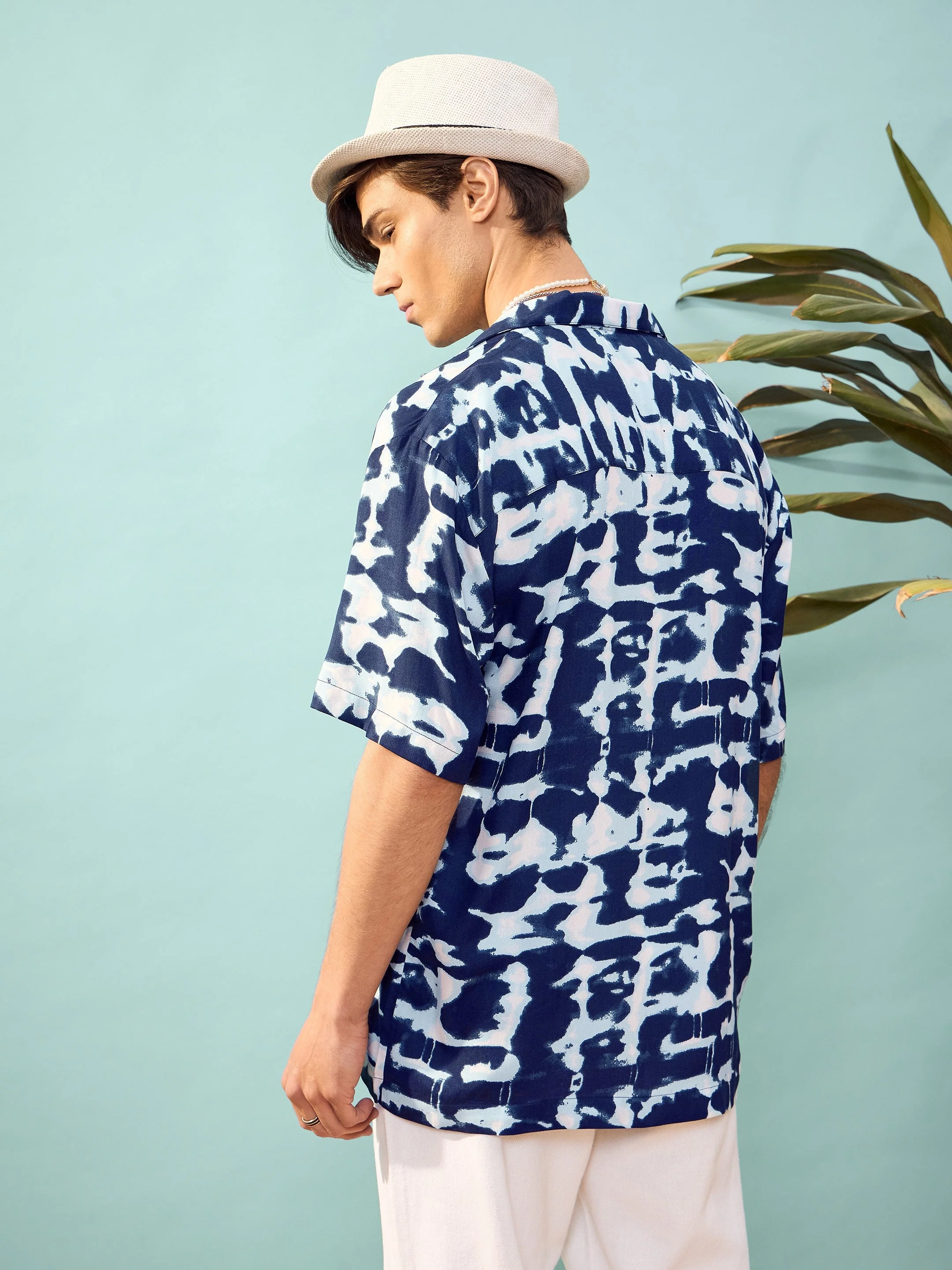 Unisex Navy & White Abstract Printed Relax Fit Shirt - Image 3