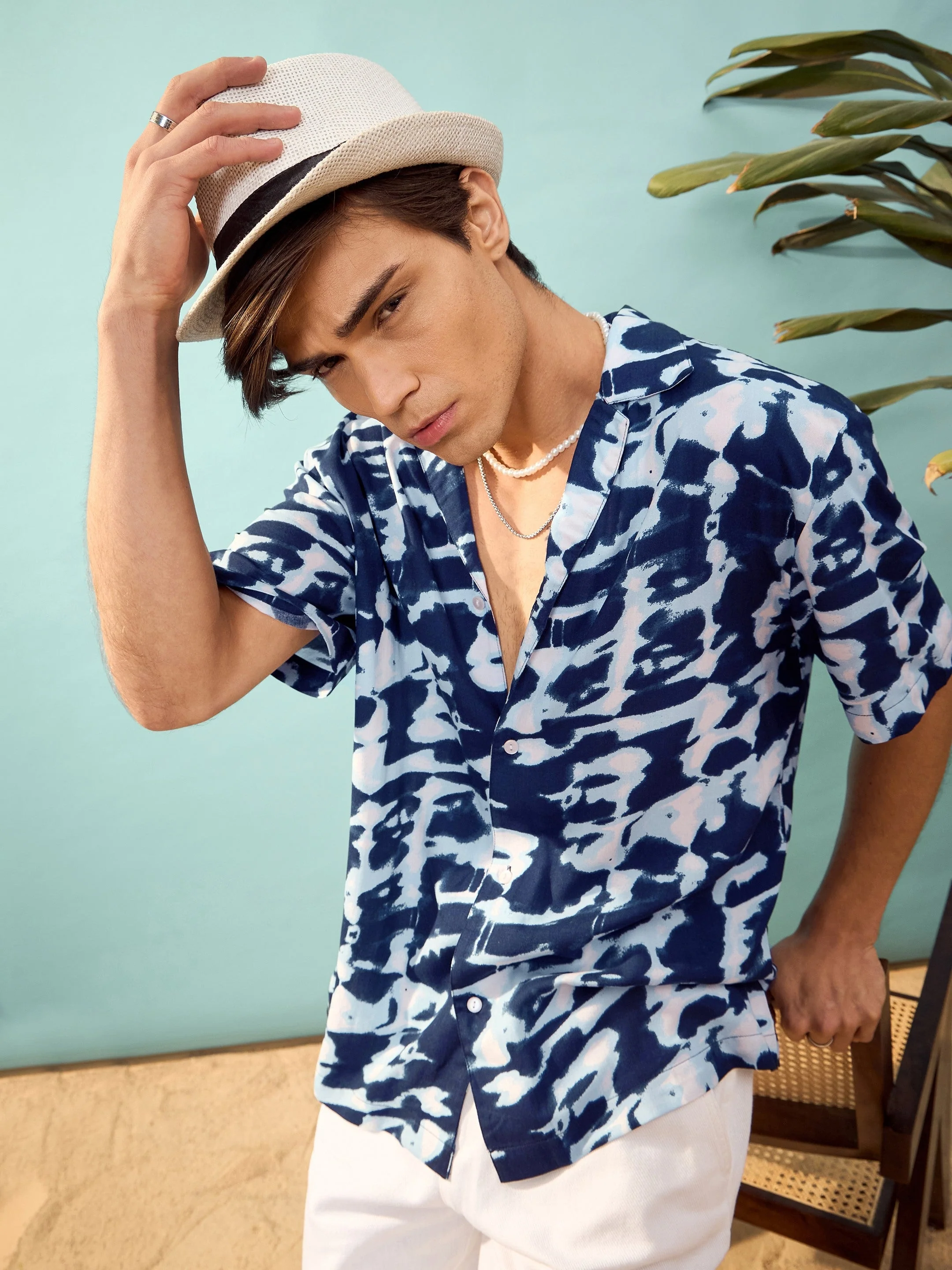 Unisex Navy & White Abstract Printed Relax Fit Shirt - Image 4