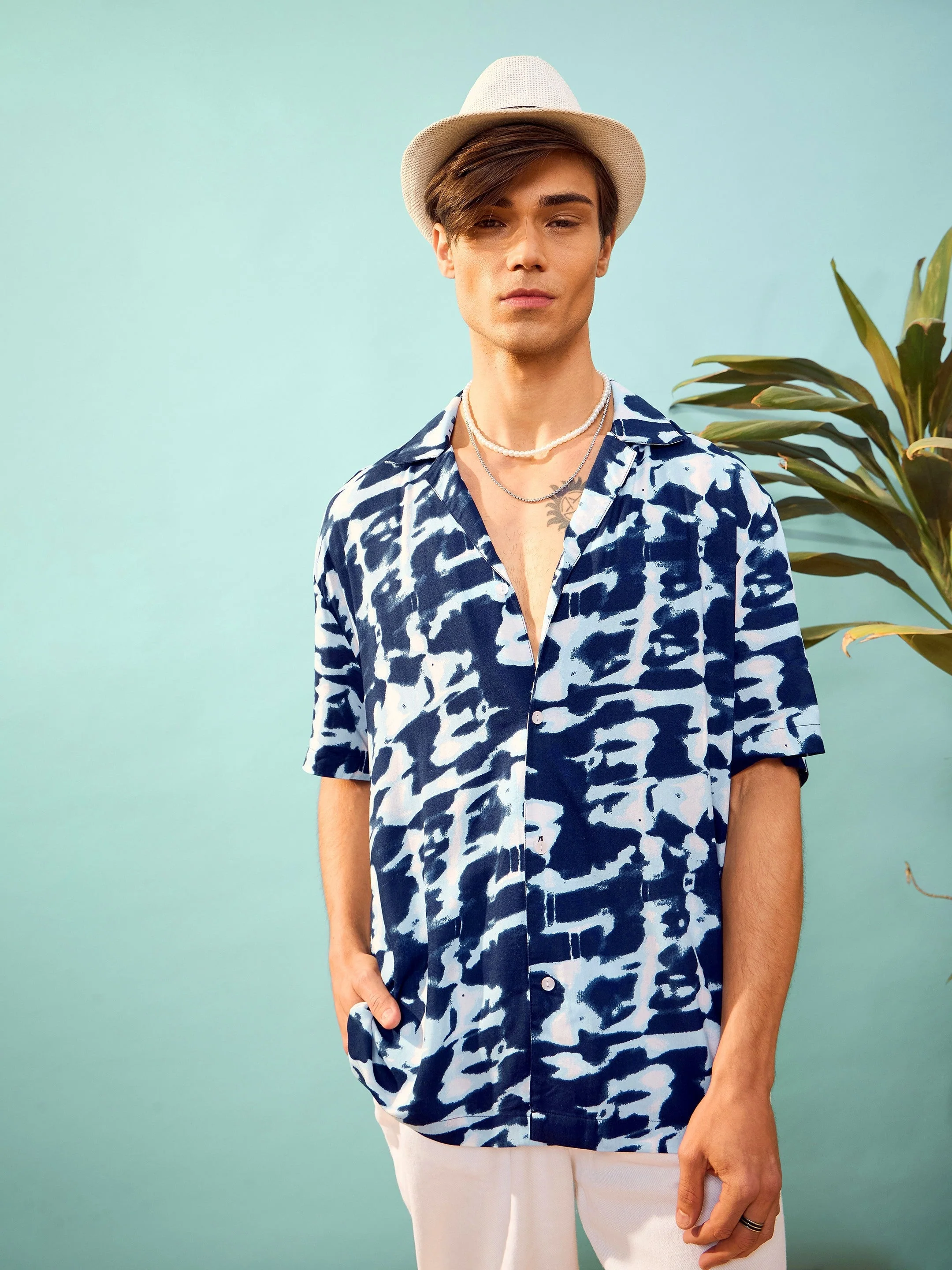 Unisex Navy & White Abstract Printed Relax Fit Shirt - Image 6
