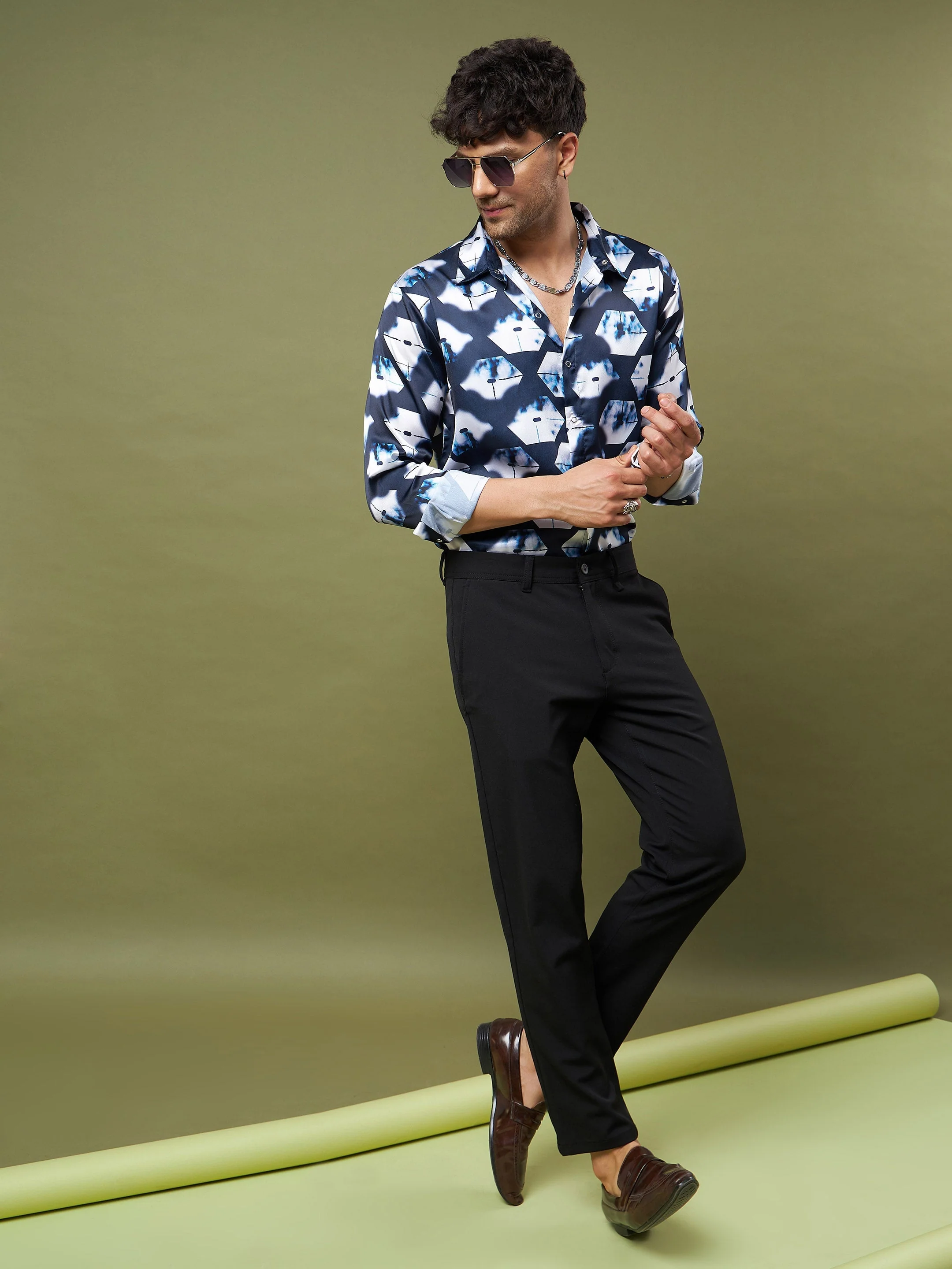 Unisex Navy & White Abstract Satin Relax Fit Shirt - Image 2