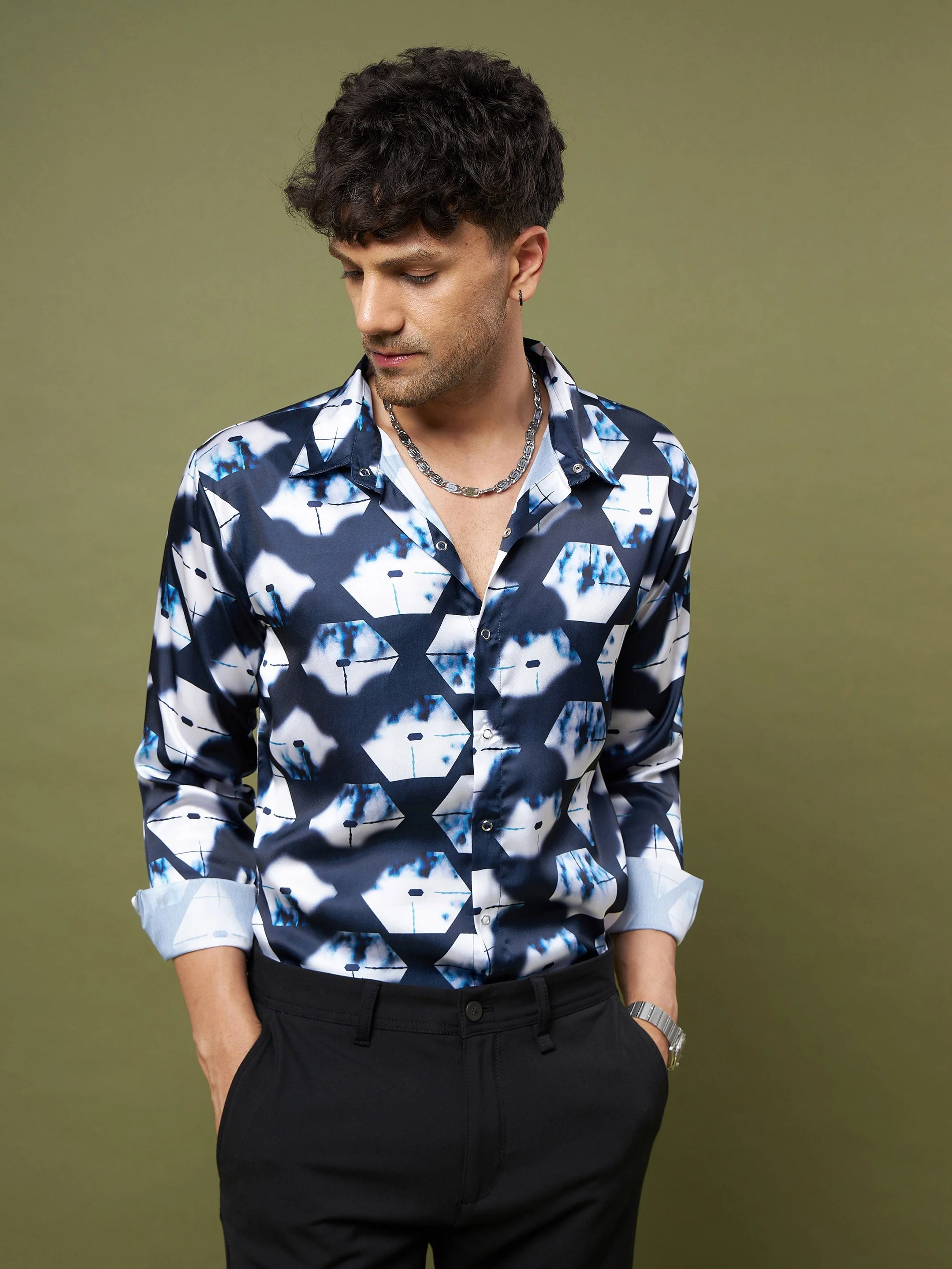 Unisex Navy & White Abstract Satin Relax Fit Shirt - Image 3