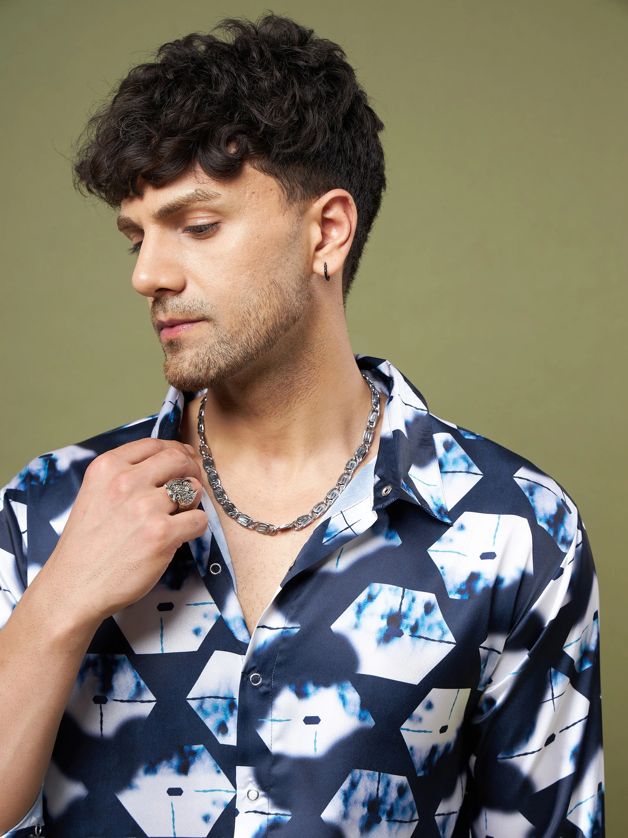 Unisex Navy & White Abstract Satin Relax Fit Shirt - Image 4