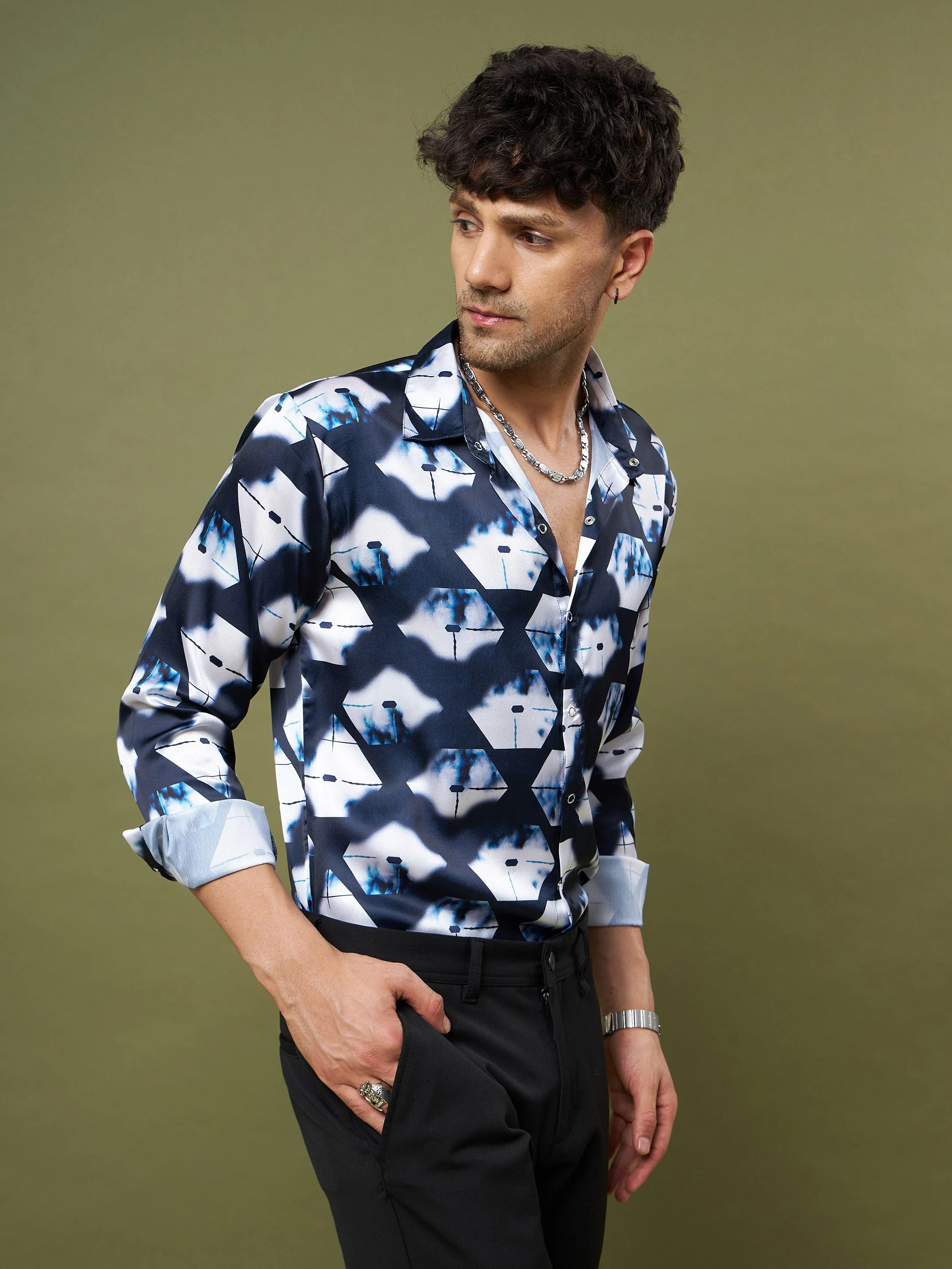Unisex Navy & White Abstract Satin Relax Fit Shirt - Image 5