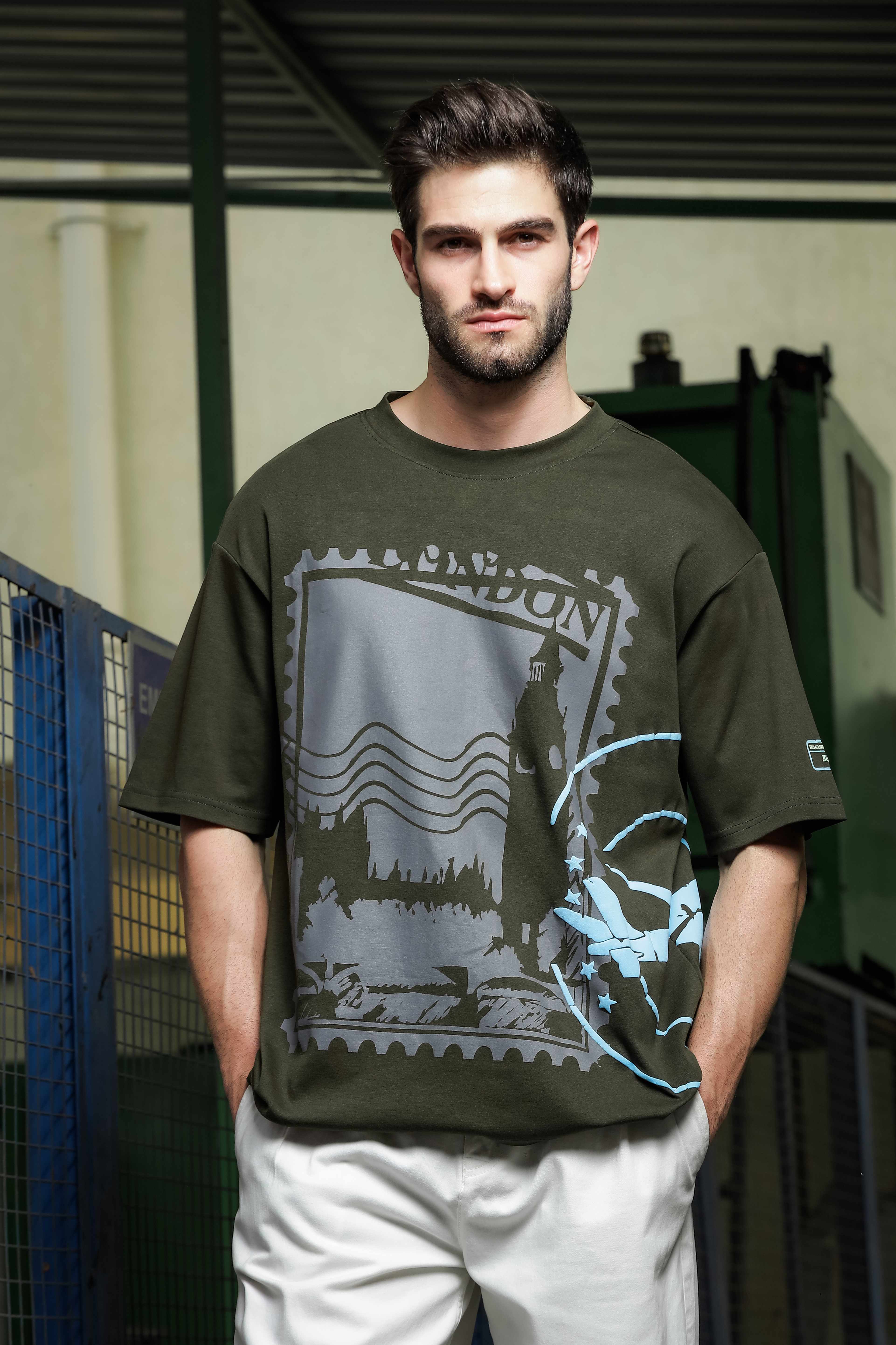 Unisex Olive Oversized Printed T-shirt - Image 2