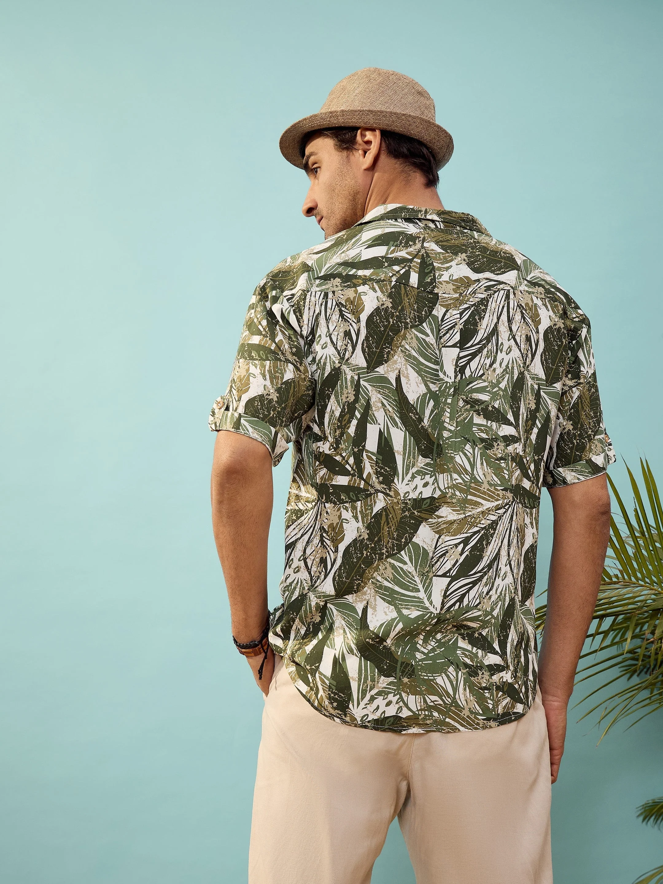 Unisex Olive Tropical Printed Relax Fit Shirt - Image 2