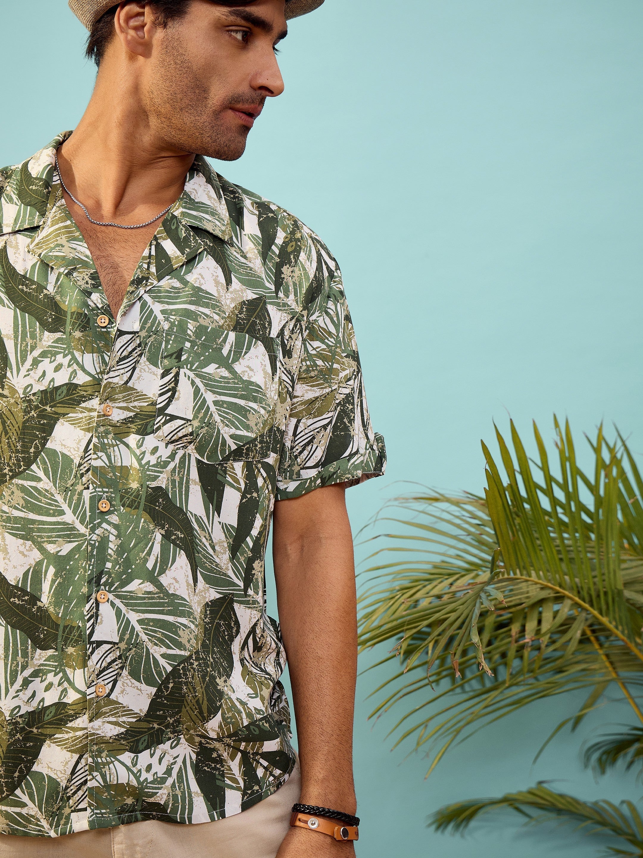 Unisex Olive Tropical Printed Relax Fit Shirt - Image 3