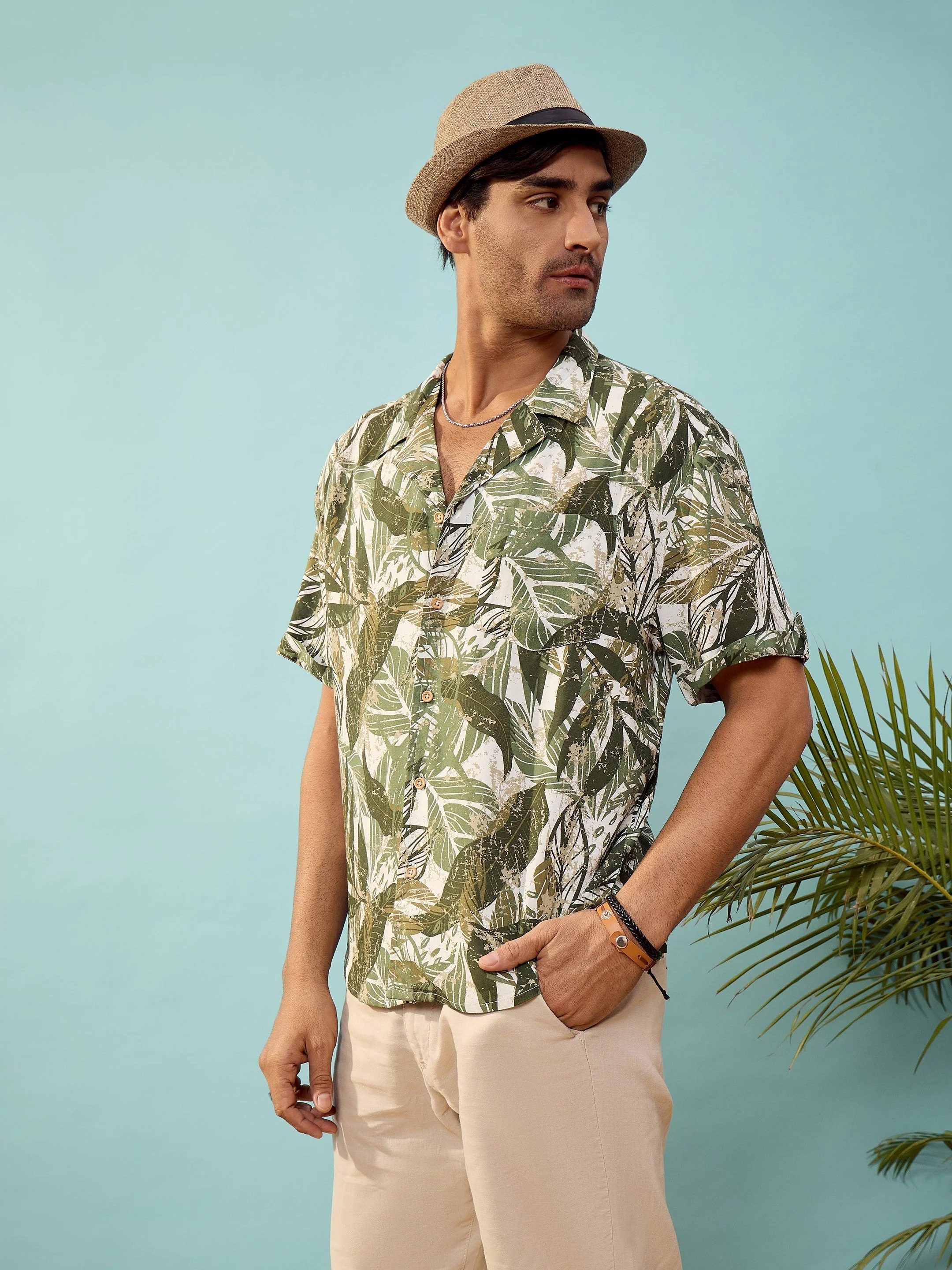 Unisex Olive Tropical Printed Relax Fit Shirt - Image 4