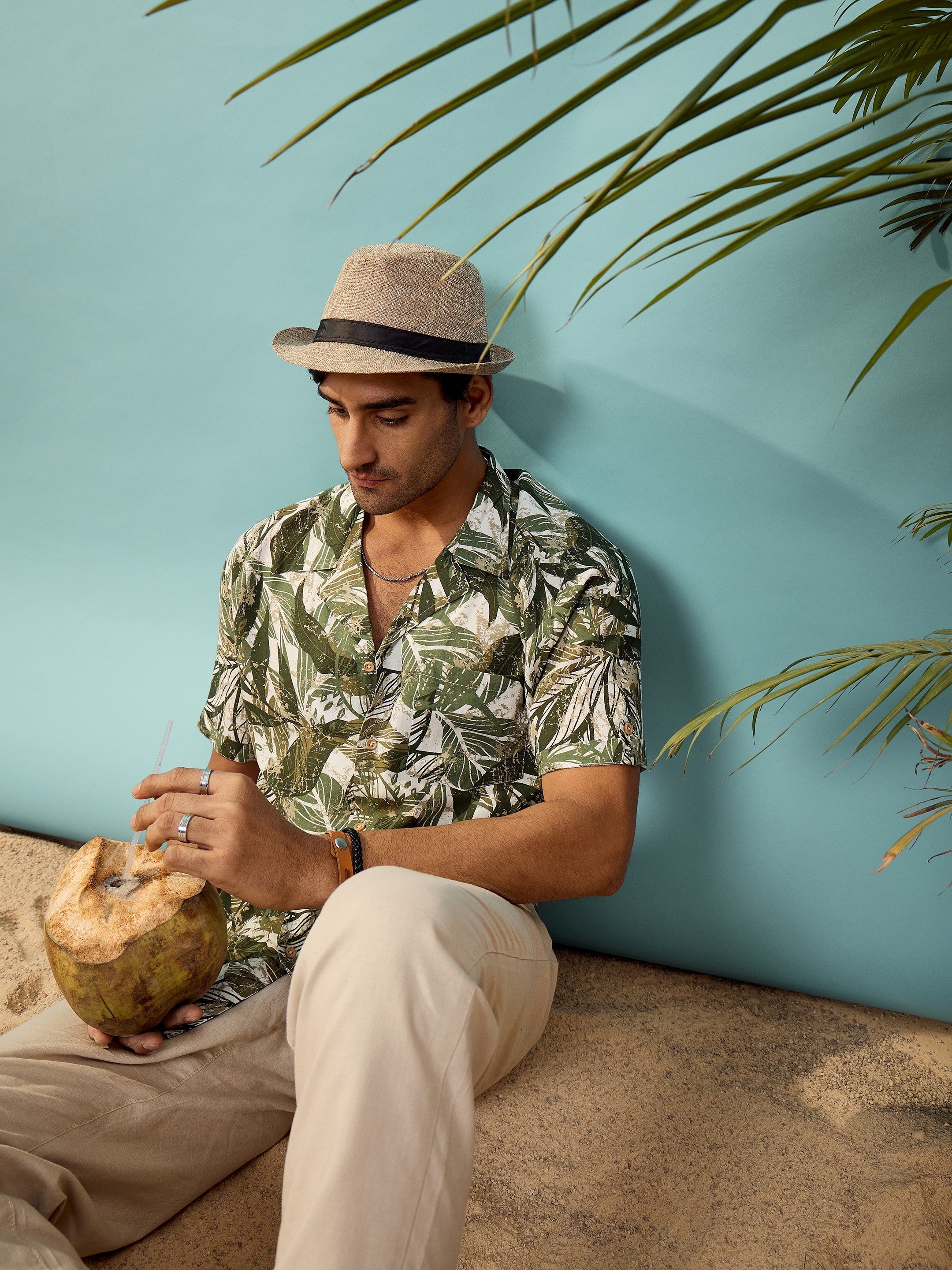 Unisex Olive Tropical Printed Relax Fit Shirt - Image 5
