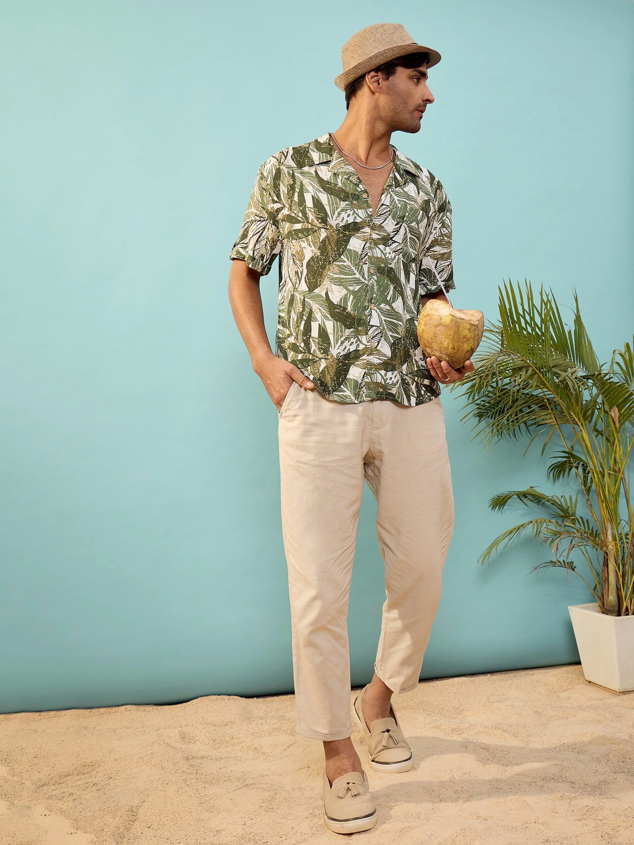 Unisex Olive Tropical Printed Relax Fit Shirt - Image 6