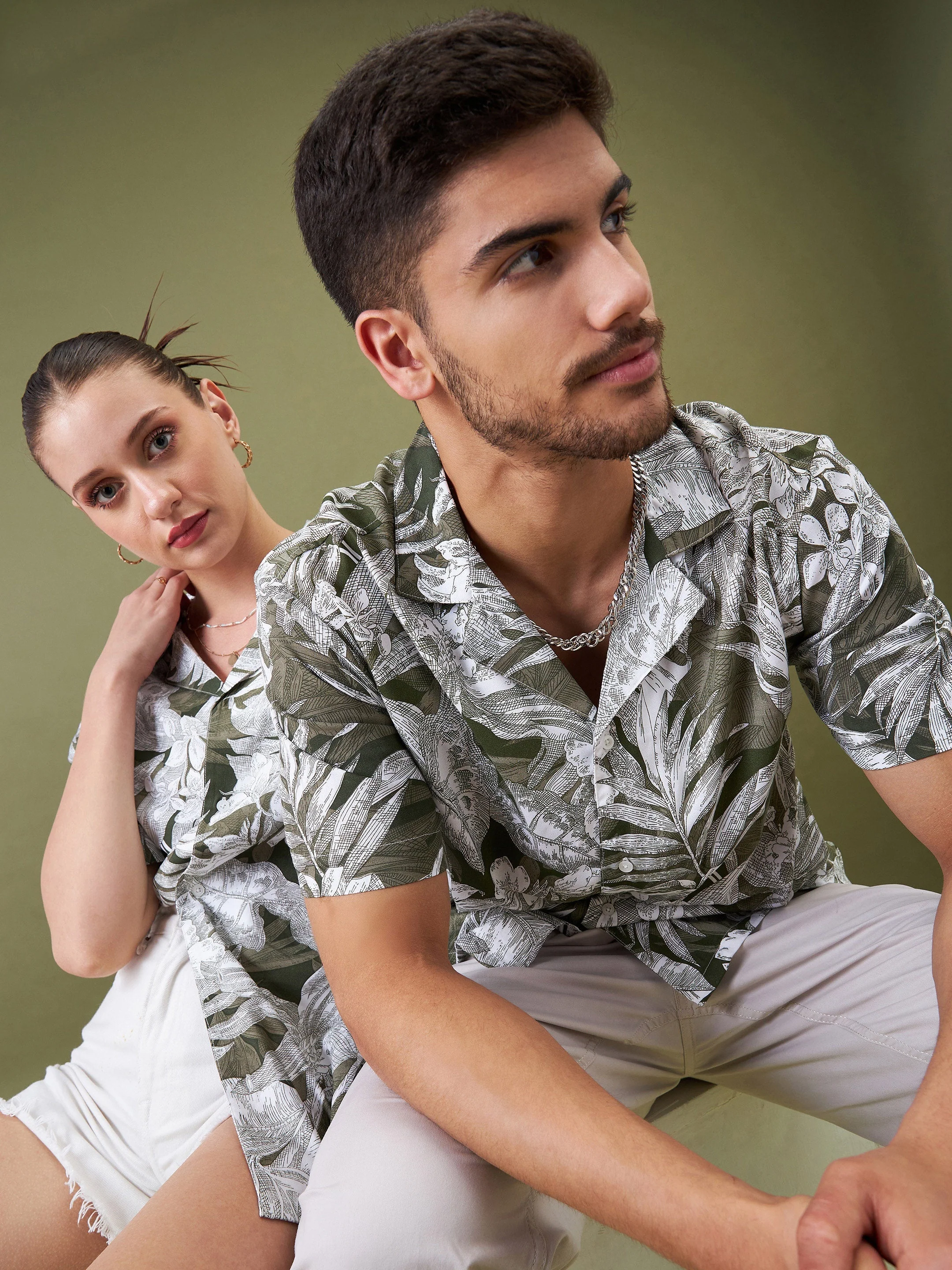 Unisex Olive & Whie Tropical Floral Relax Fit Shirt - Image 2