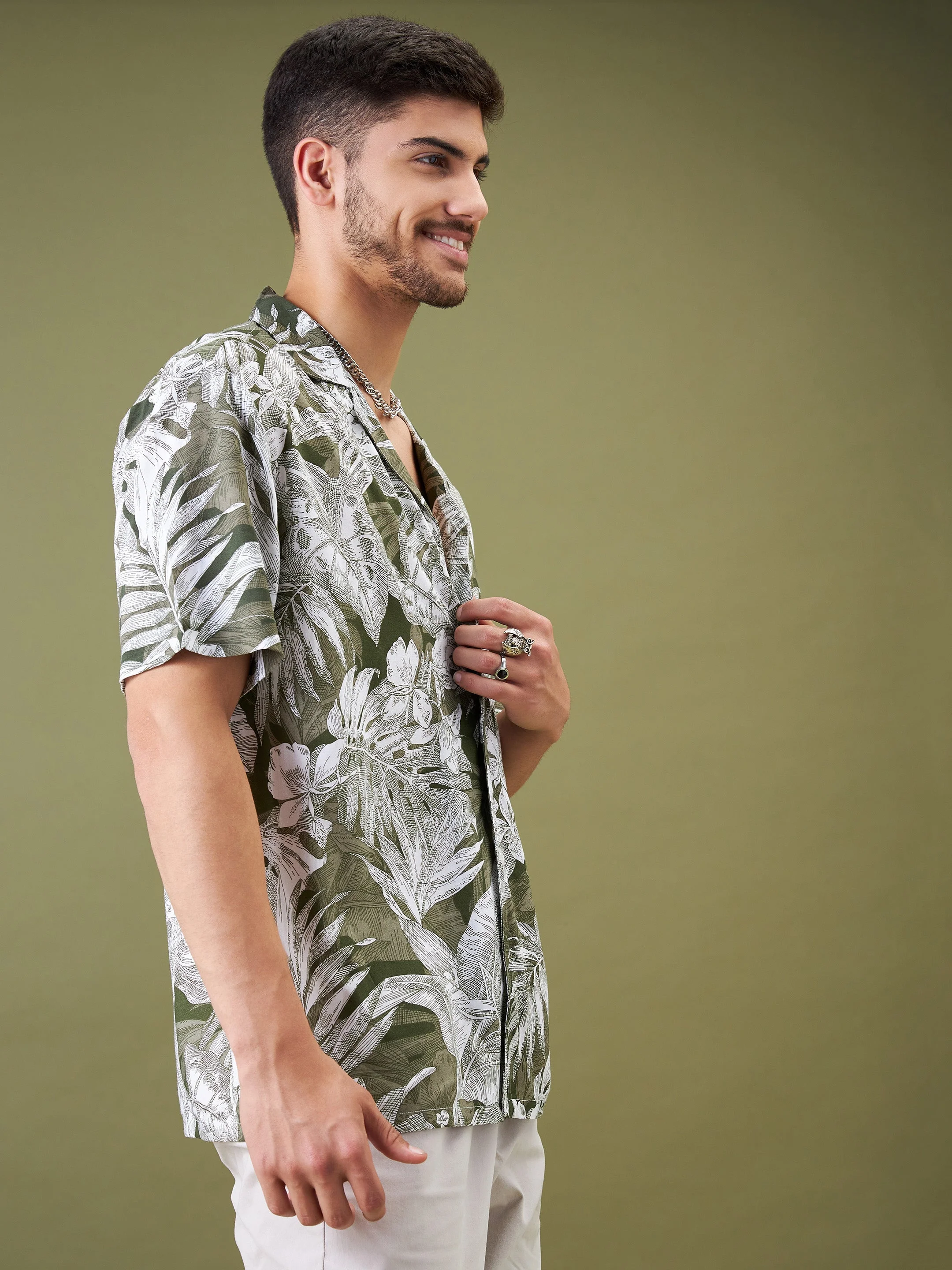 Unisex Olive & Whie Tropical Floral Relax Fit Shirt - Image 3