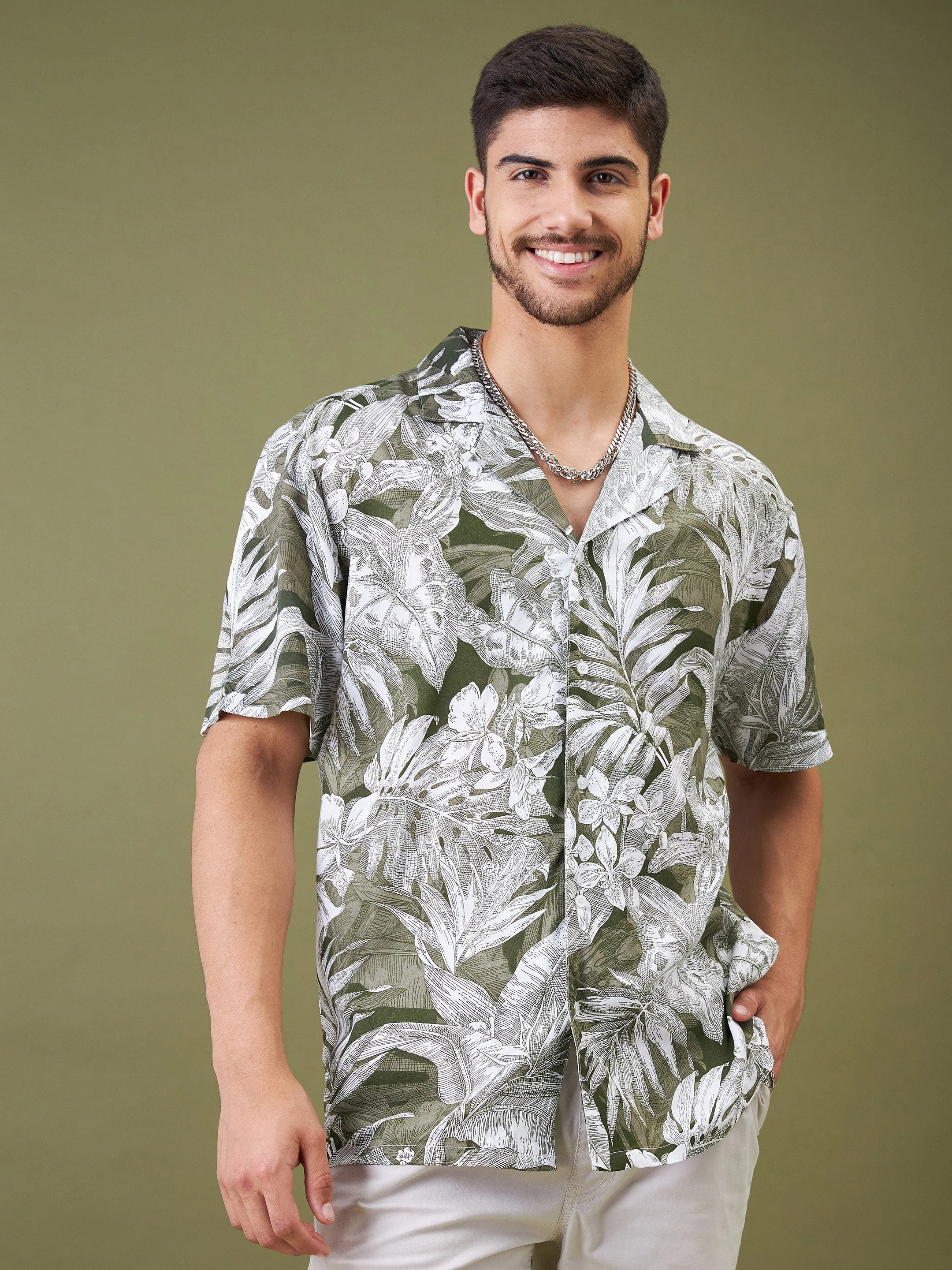 Unisex Olive & Whie Tropical Floral Relax Fit Shirt - Image 4