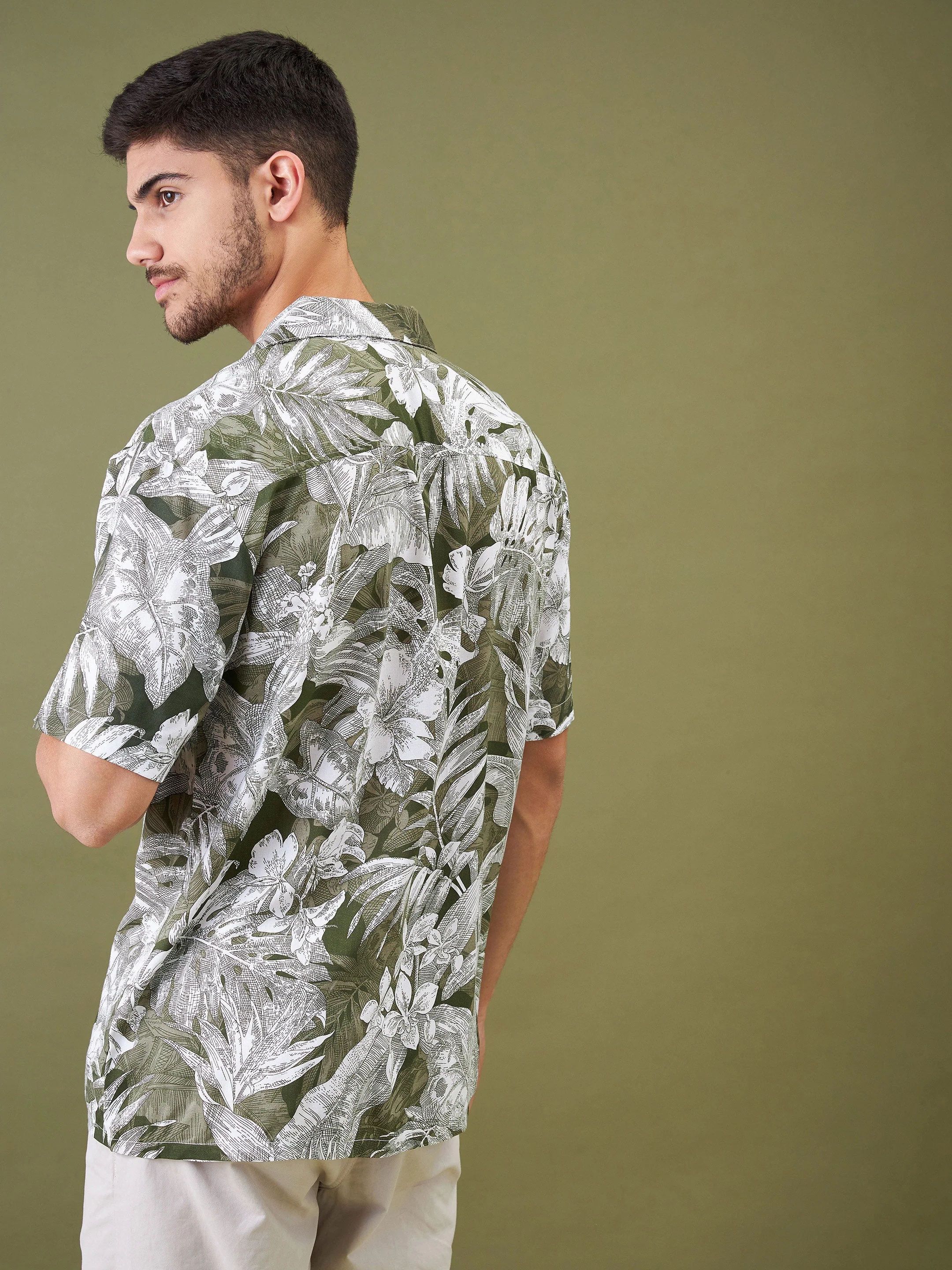 Unisex Olive & Whie Tropical Floral Relax Fit Shirt - Image 5