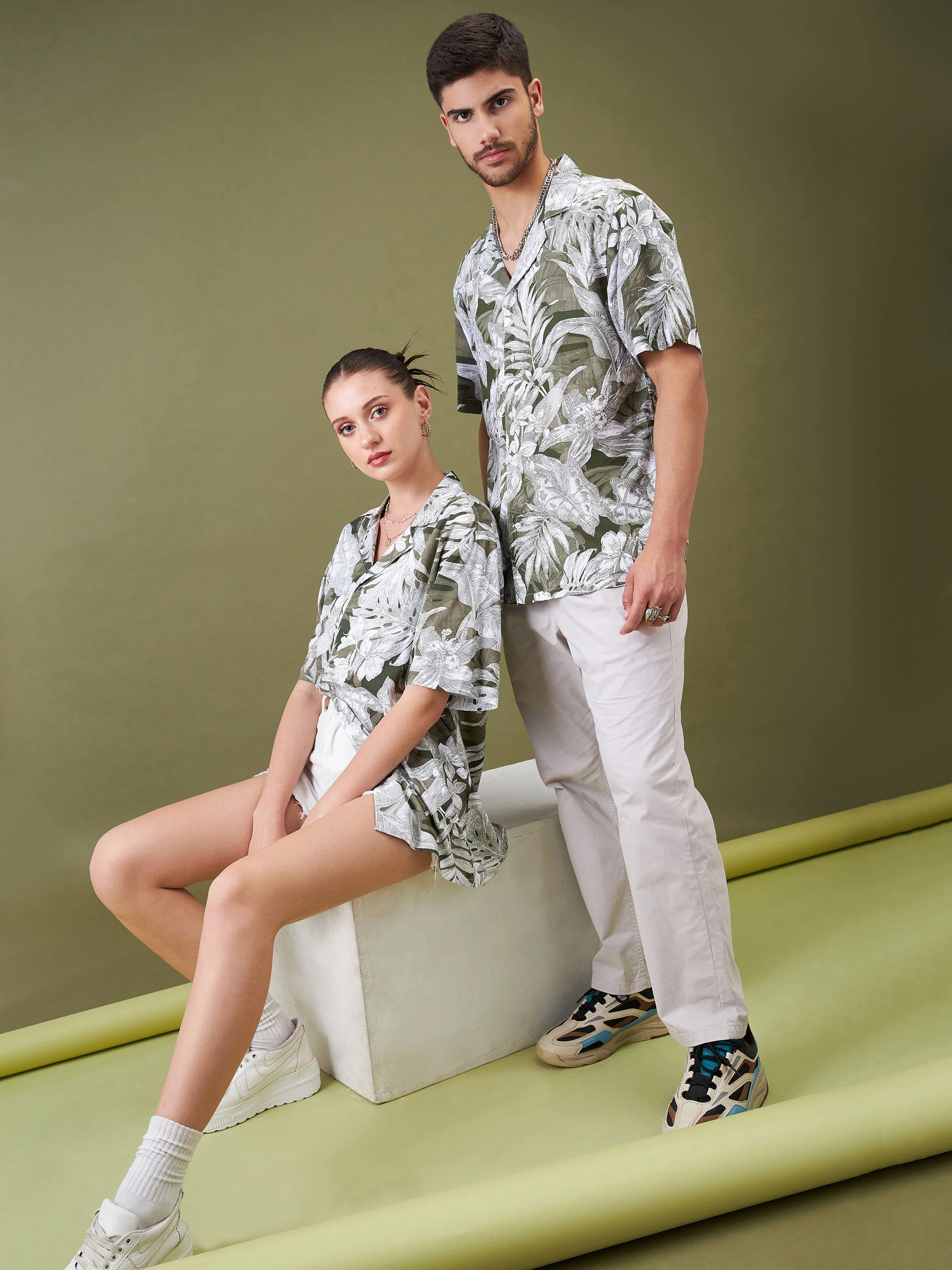 Unisex Olive & Whie Tropical Floral Relax Fit Shirt - Image 6