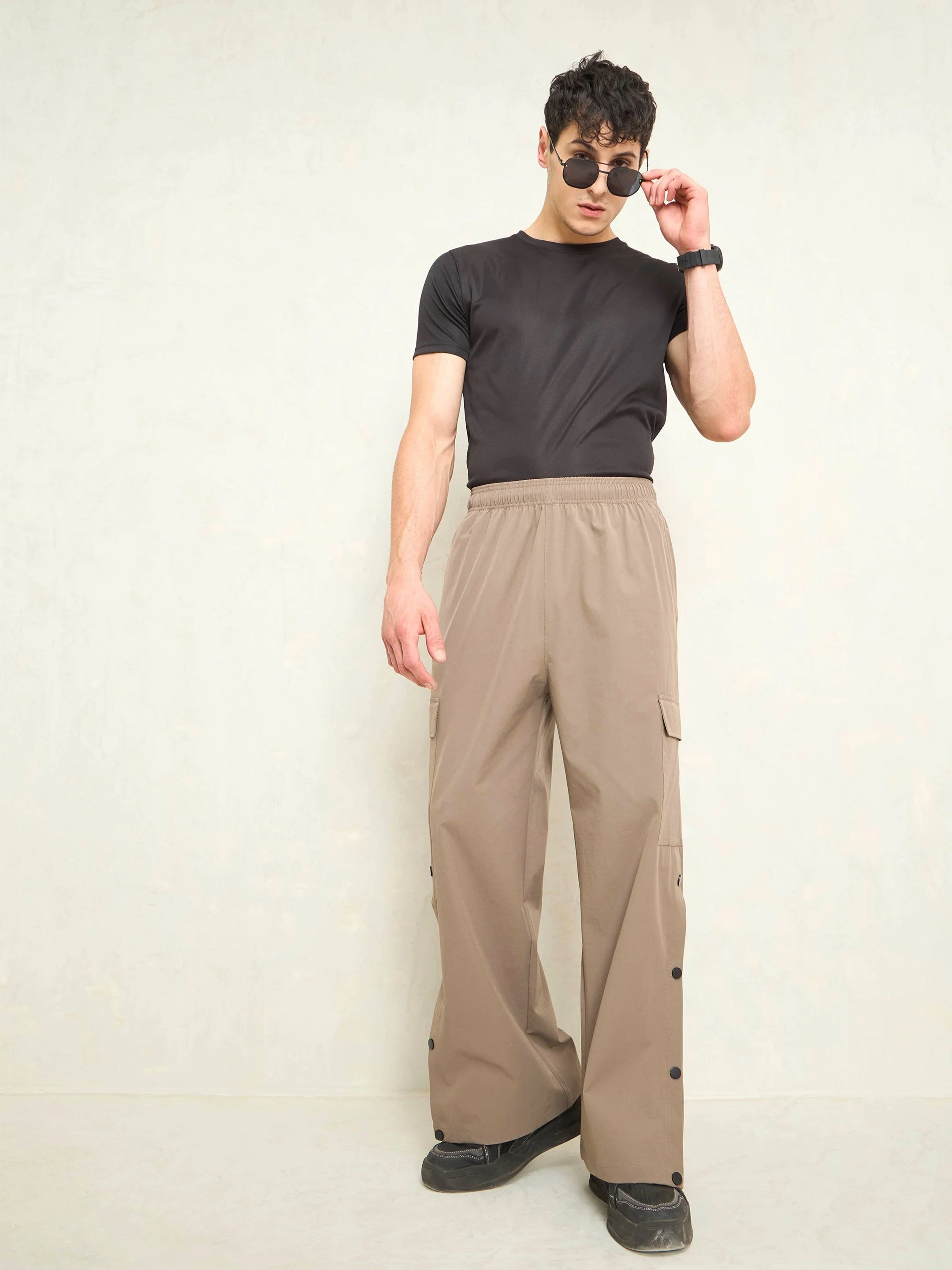Unisex Taupe Button Detail Baggy Parachute Pants - Image 2