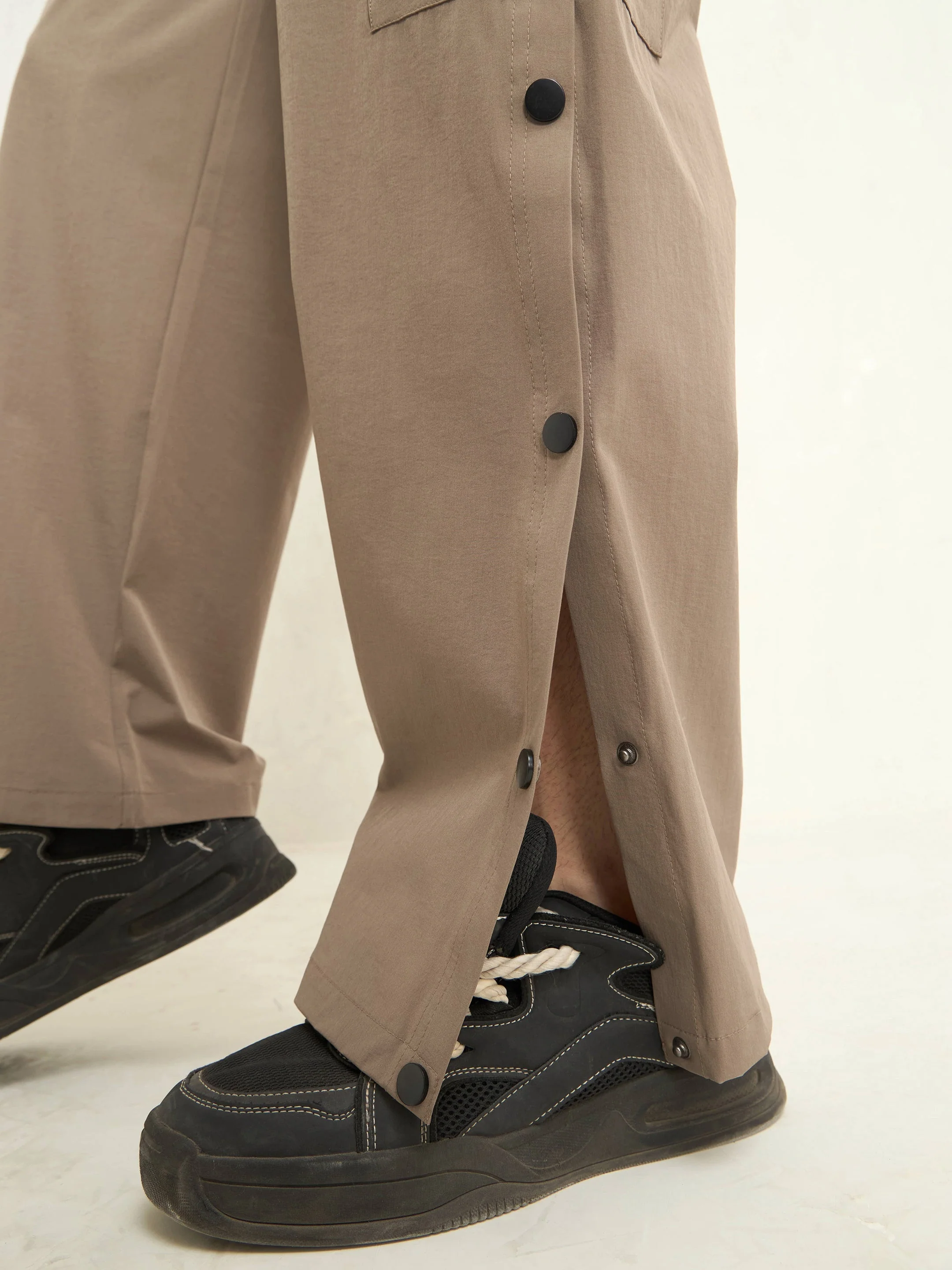 Unisex Taupe Button Detail Baggy Parachute Pants - Image 5