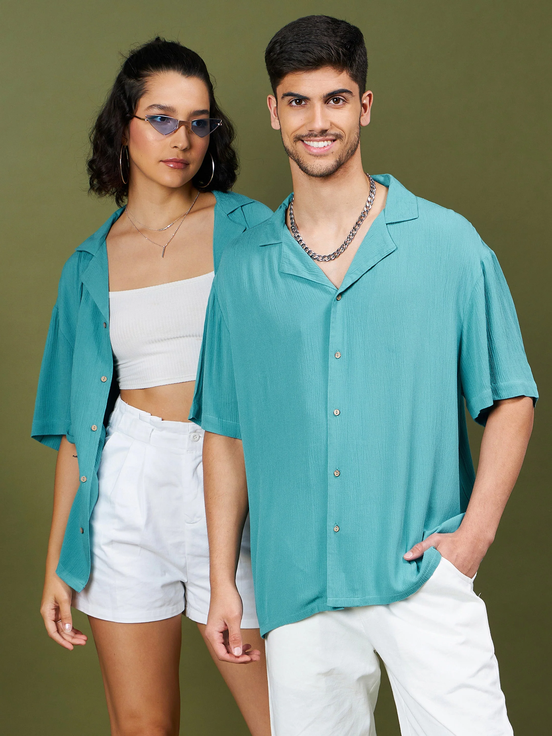 Unisex Teal Blue Solid Relax Fit Shirt - Image 3