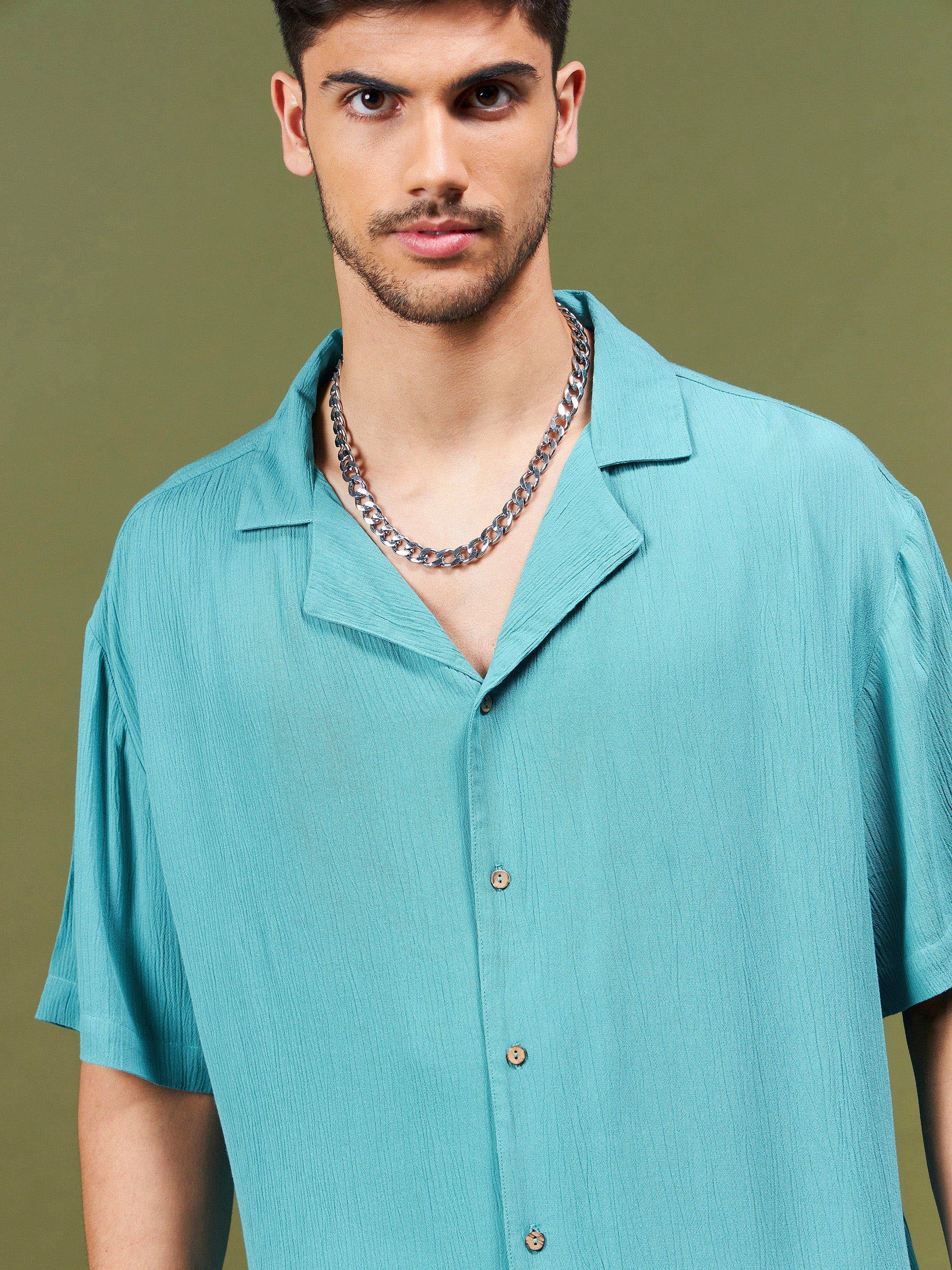 Unisex Teal Blue Solid Relax Fit Shirt - Image 4