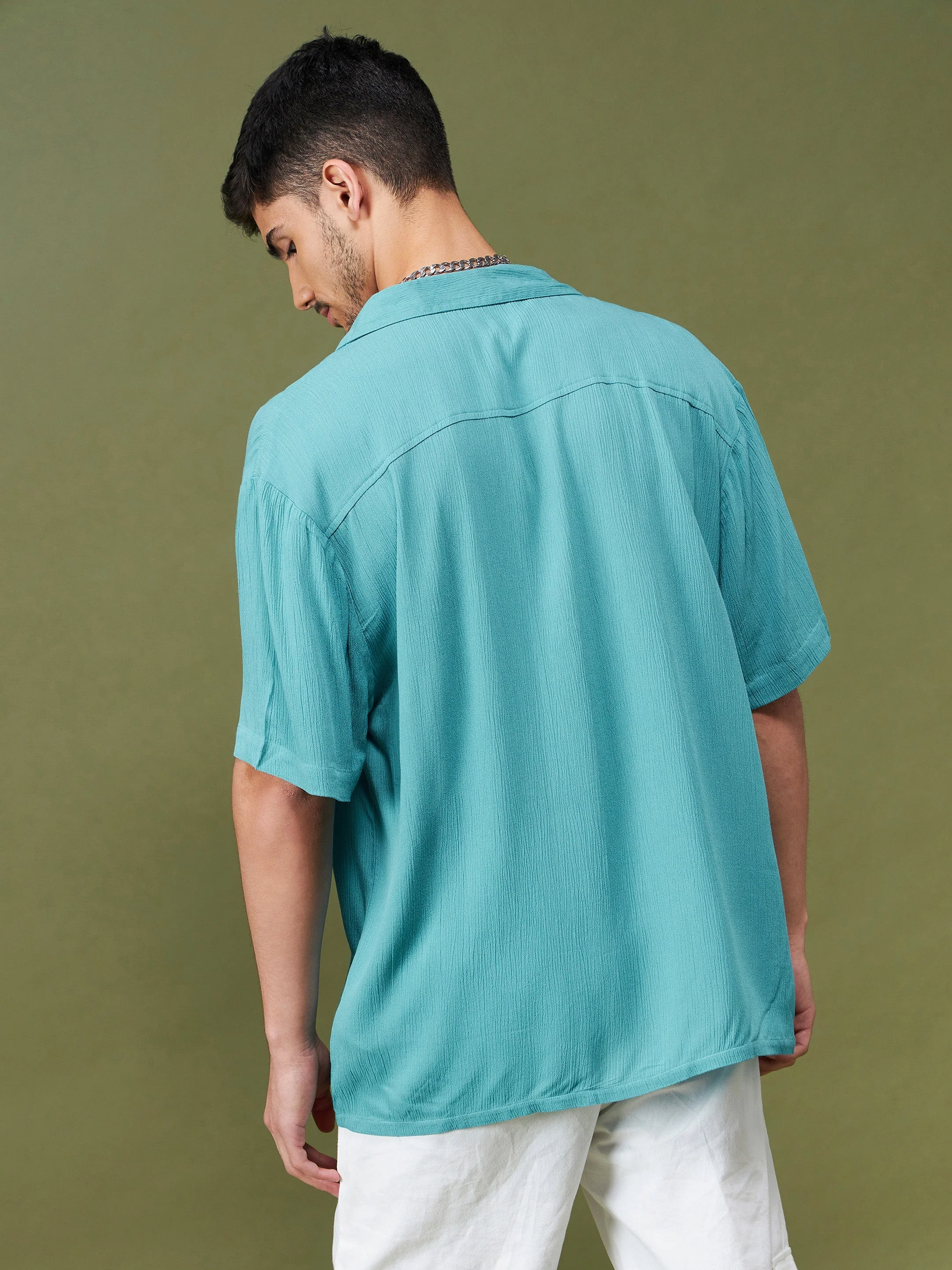 Unisex Teal Blue Solid Relax Fit Shirt - Image 5