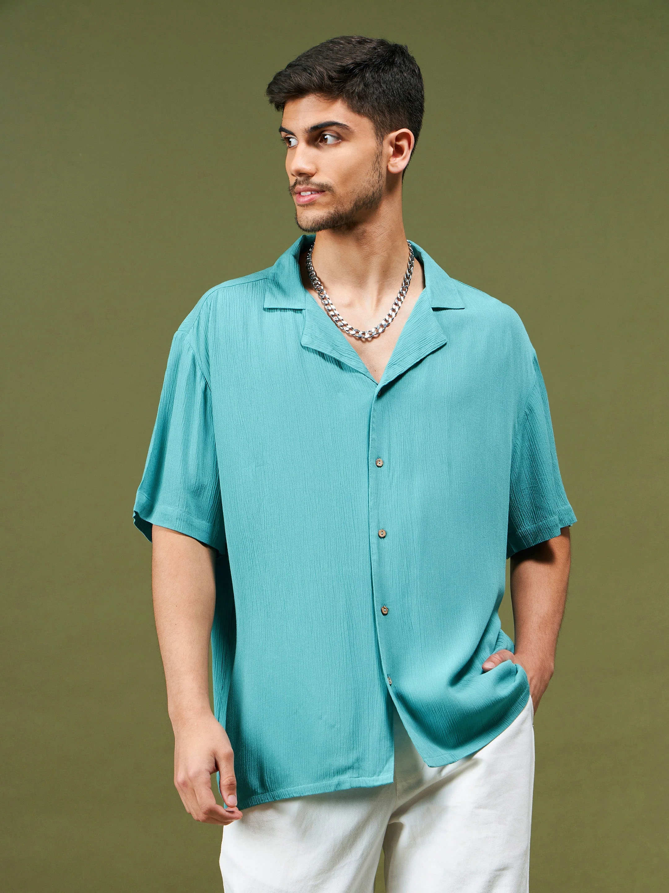 Unisex Teal Blue Solid Relax Fit Shirt - Image 6