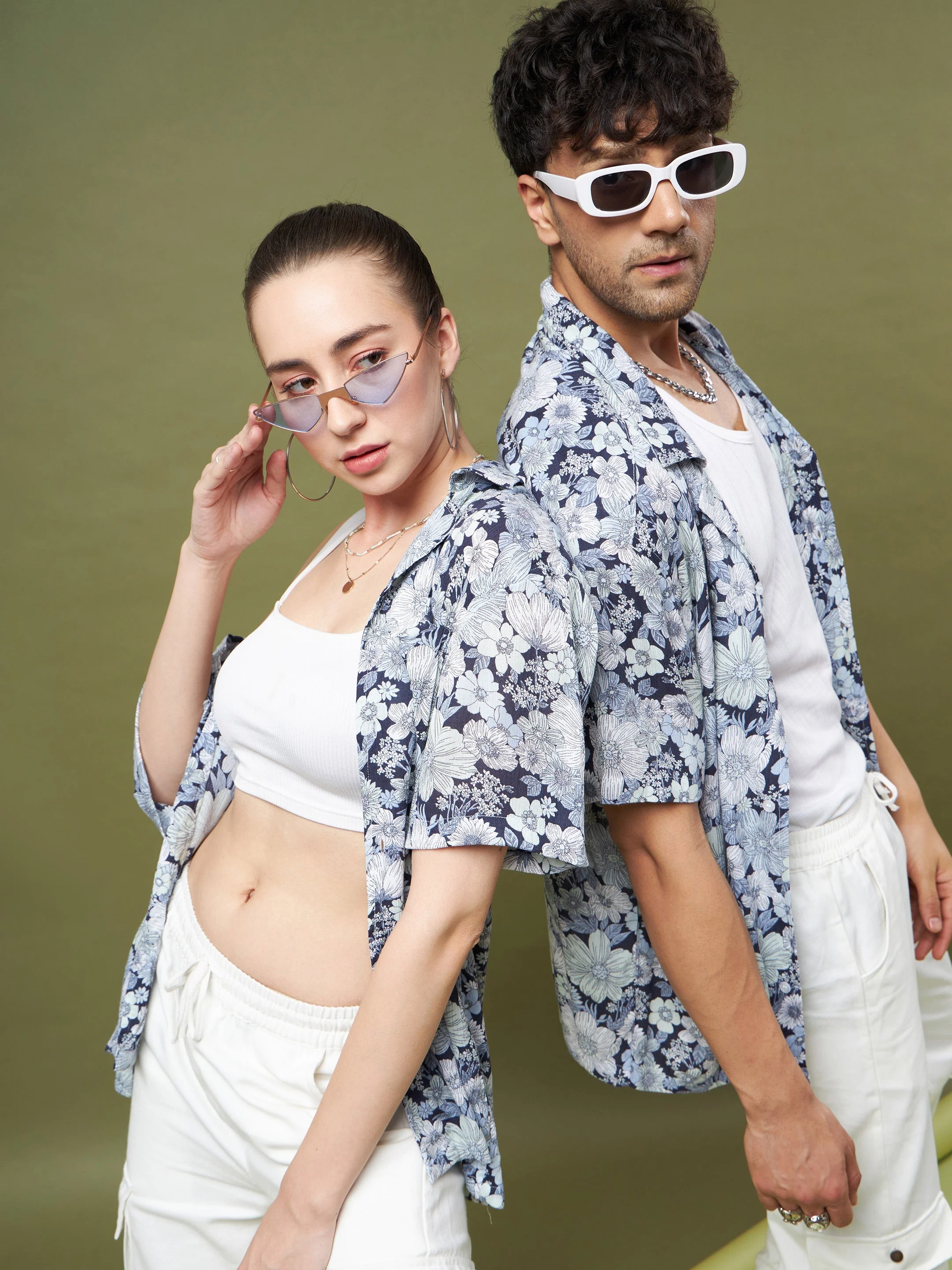 Unisex White & Blue Floral Print Relax Fit Shirt - Image 5