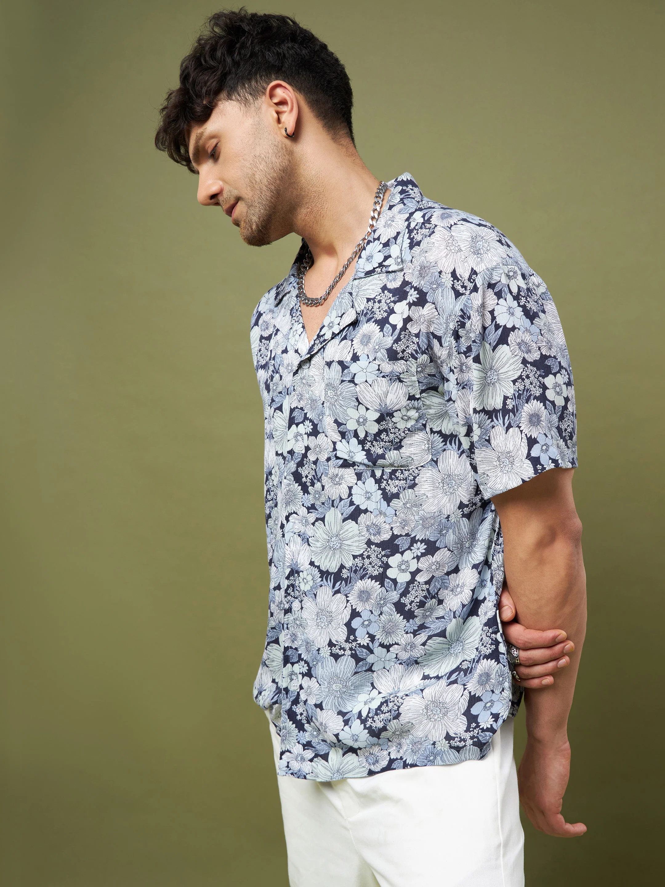 Unisex White & Blue Floral Print Relax Fit Shirt - Image 6