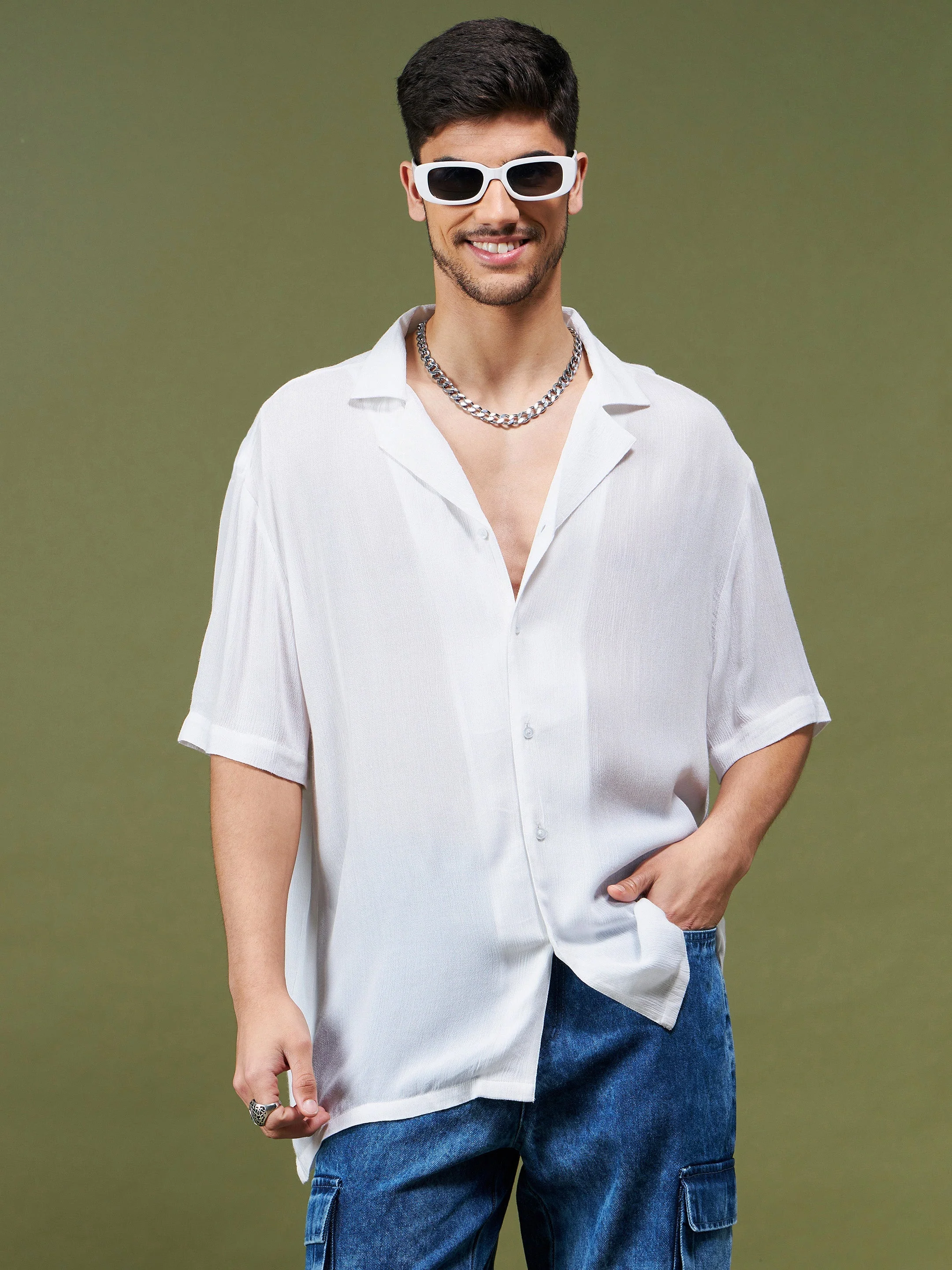 Unisex White Solid Relax Fit Shirt - Image 5