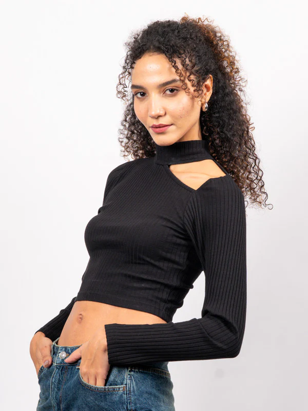 Women Black Cut-Out Fitted Top - Image 3