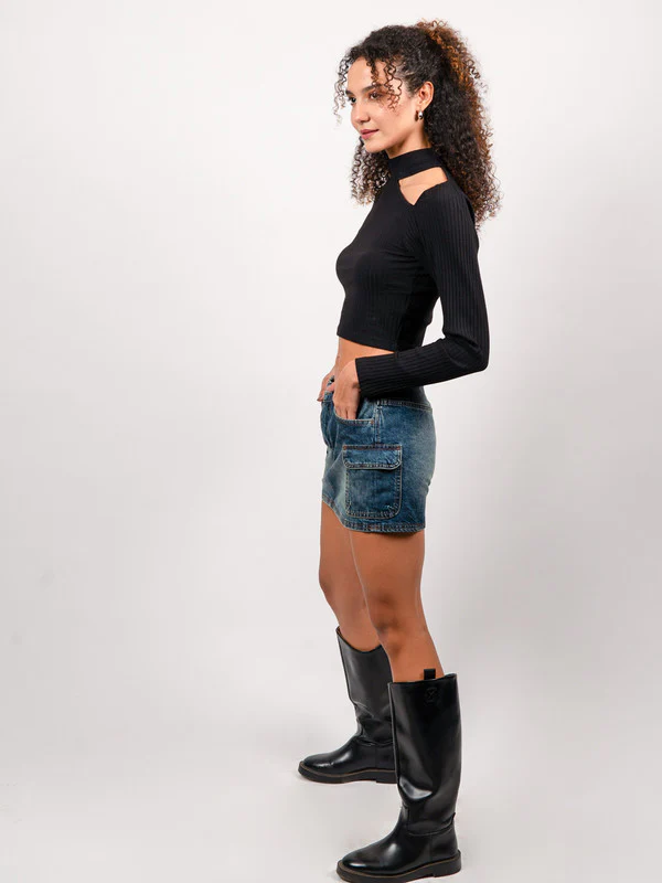 Women Black Cut-Out Fitted Top - Image 4