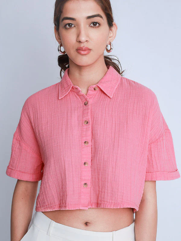Women Vintage Washed Oversized Crop Cotton Shirt