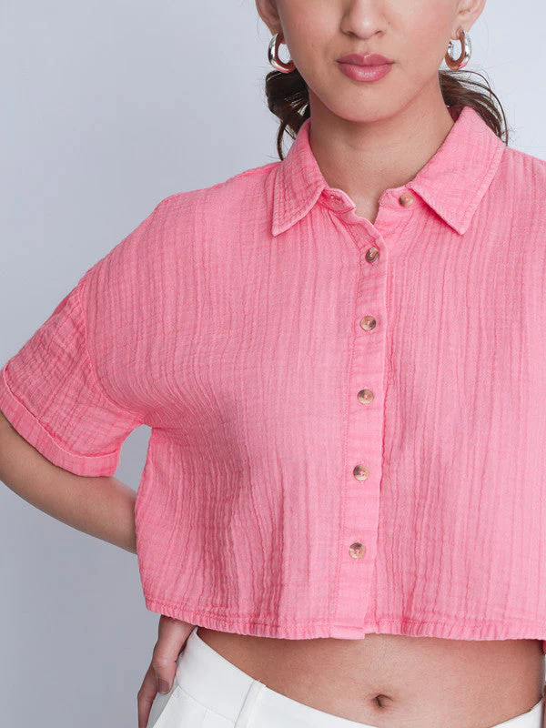 Women Vintage Washed Oversized Crop Cotton Shirt - Image 3
