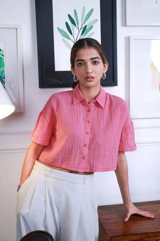 Women Vintage Washed Oversized Crop Cotton Shirt - Image 4