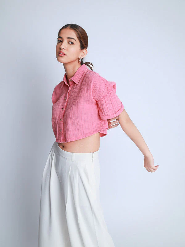 Women Vintage Washed Oversized Crop Cotton Shirt - Image 7