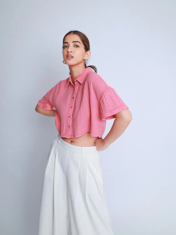 Women Vintage Washed Oversized Crop Cotton Shirt - Image 8