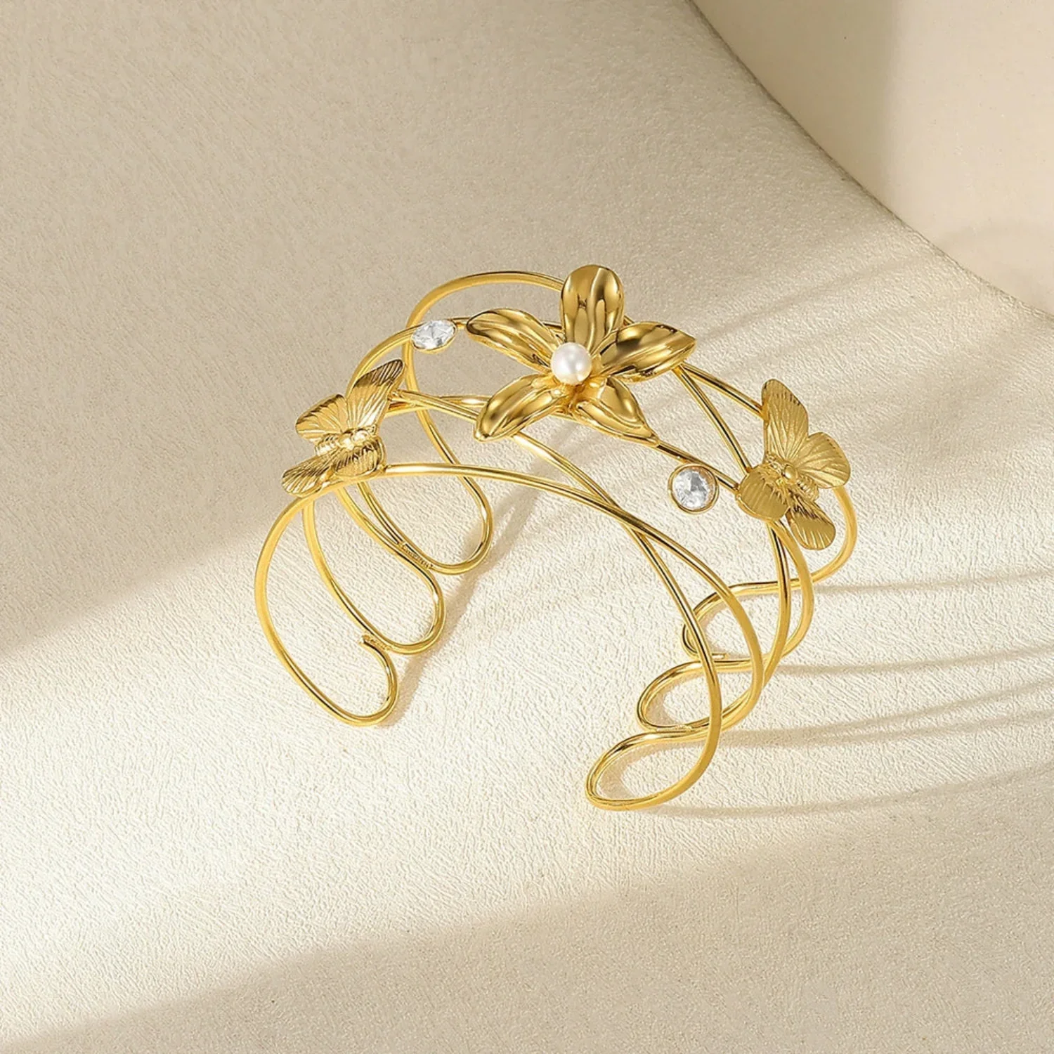 Whimsical Gold Butterfly Flower Cuff