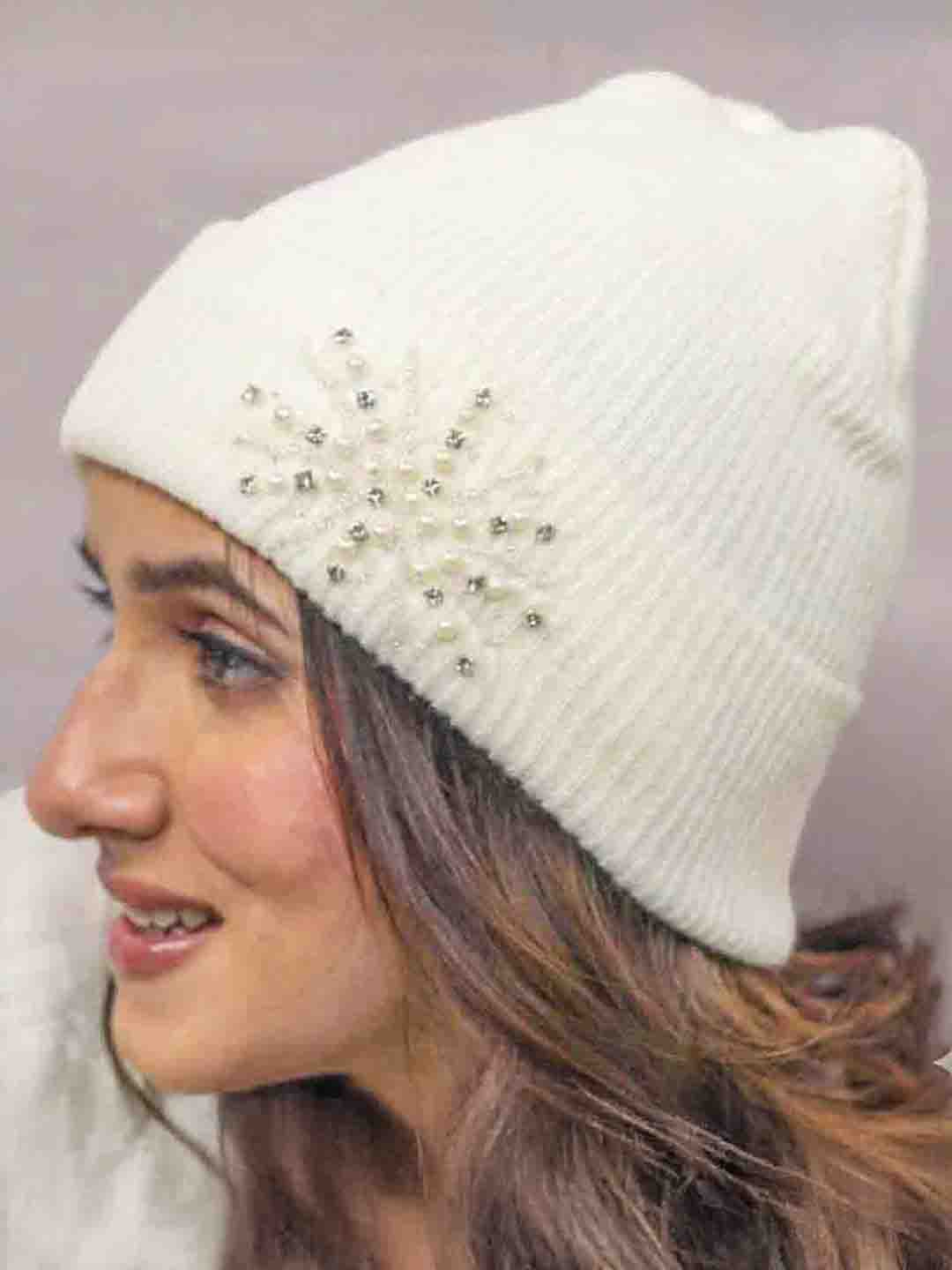 White Beanie with Pearls & Crystals - Image 2