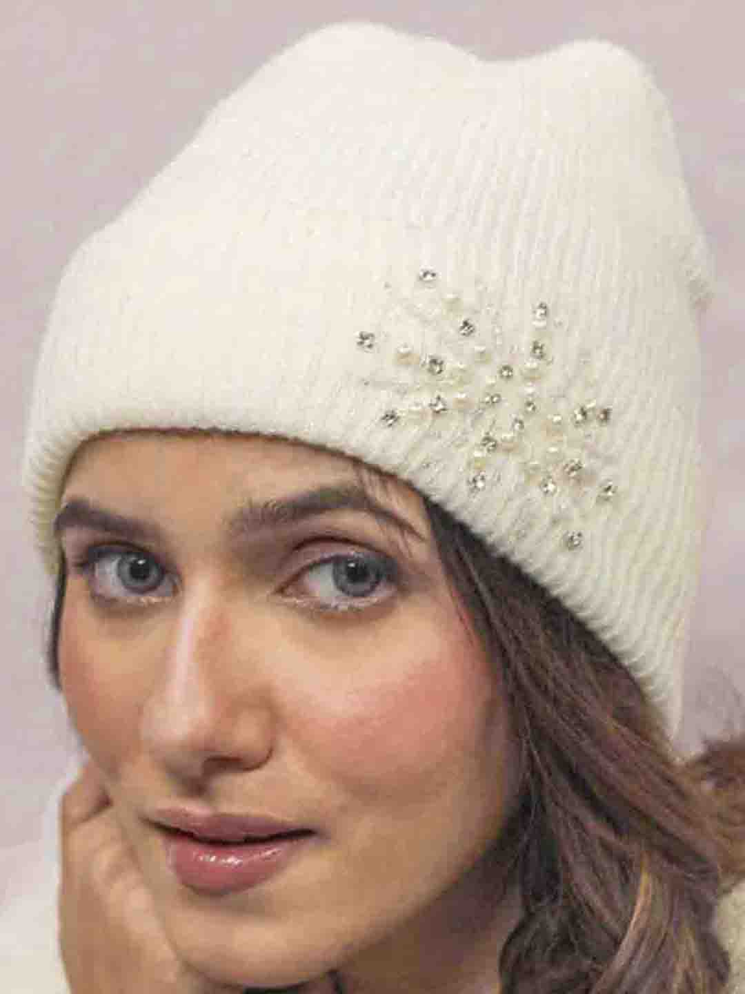 White Beanie with Pearls & Crystals - Image 3