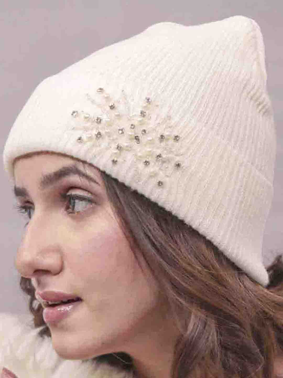 White Beanie with Pearls & Crystals - Image 7