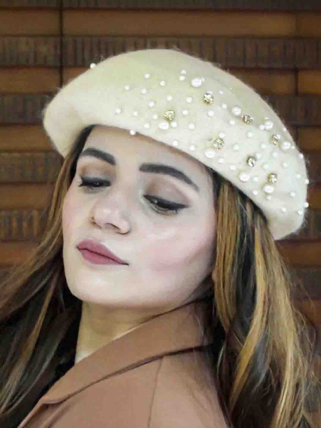 White Beret with Pearls & Crystals - Image 2