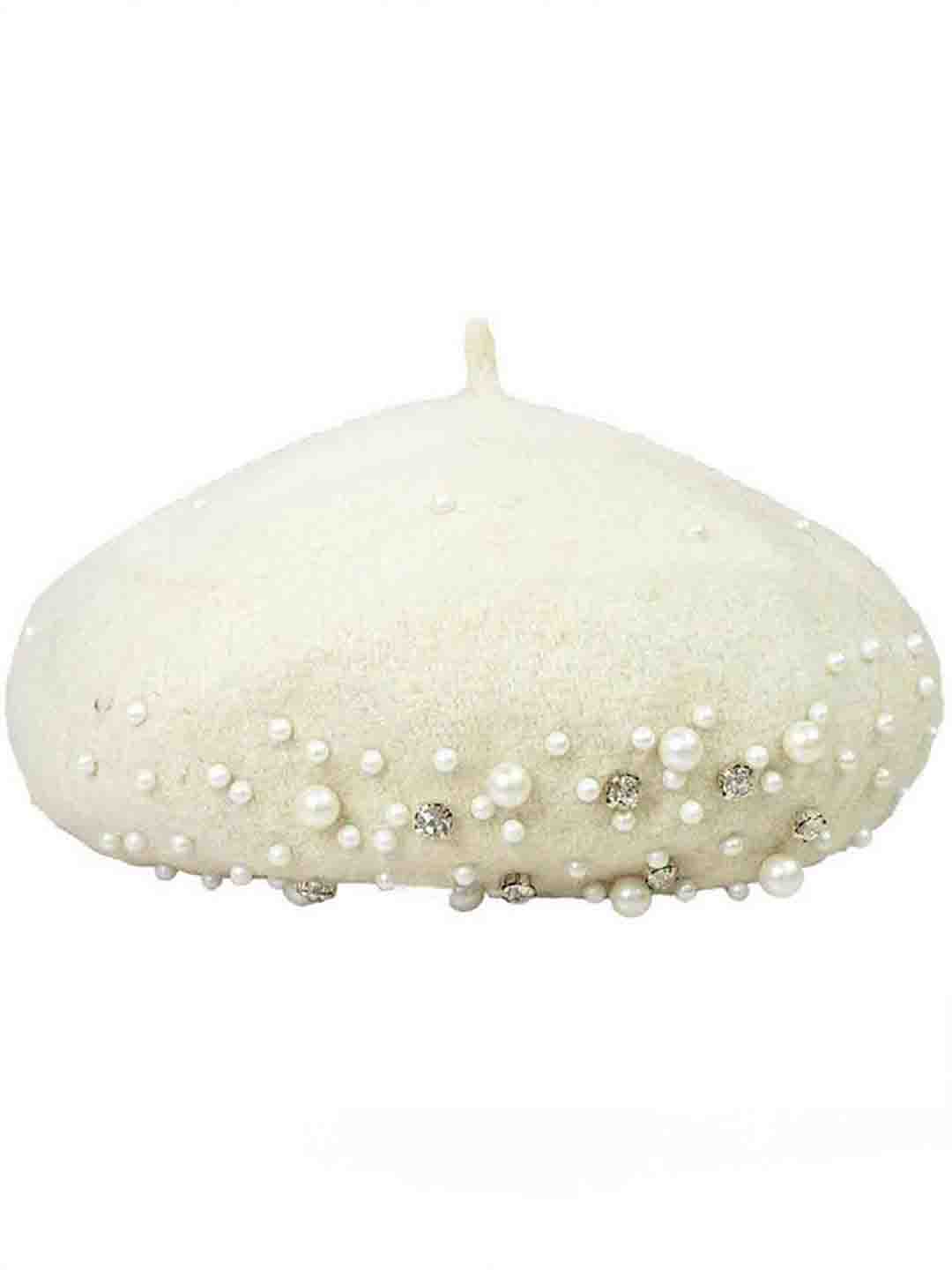 White Beret with Pearls & Crystals - Image 3