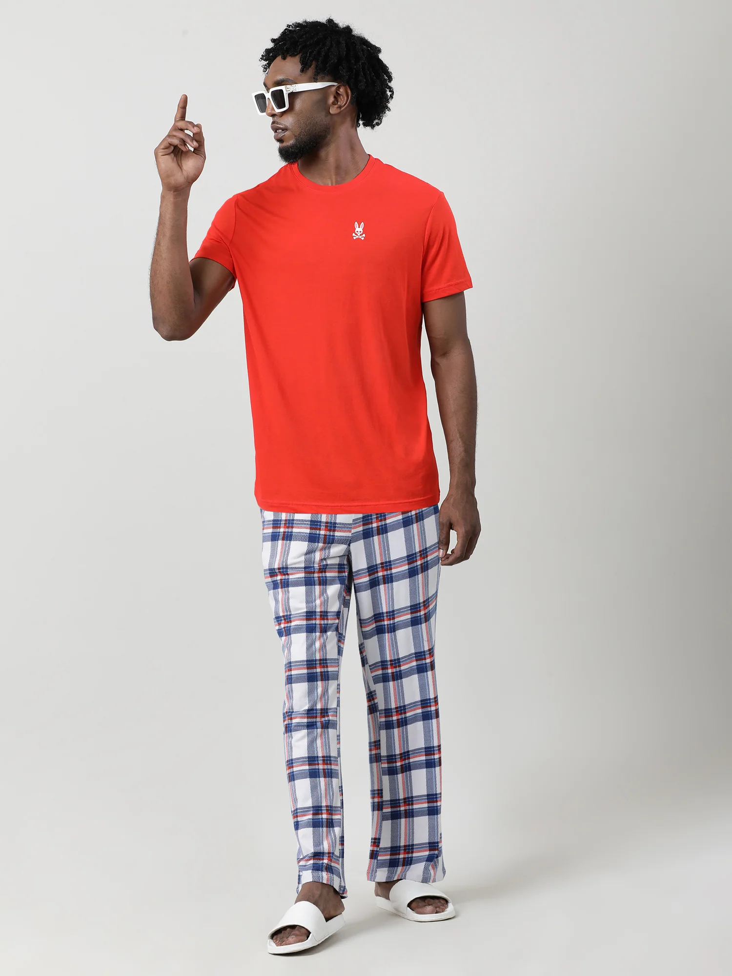 Men Oversized White Cotton Checkered Knit Lounge Pants - Image 7