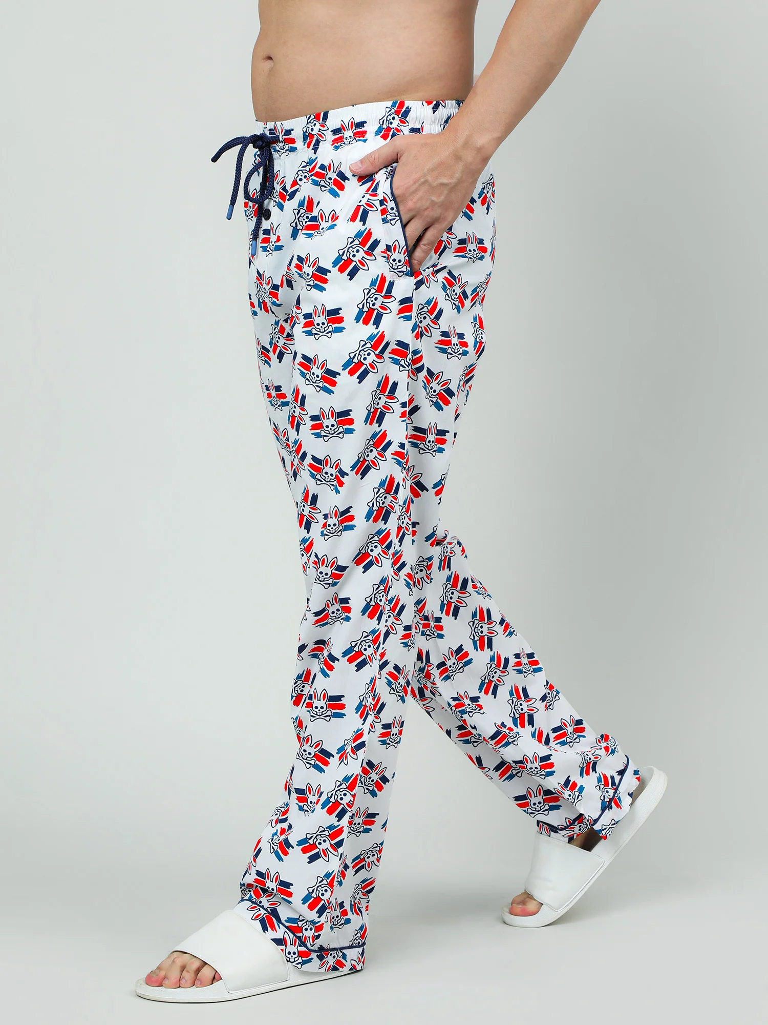 Men Oversized Blue Cotton Checkered Knit Lounge Pants - Image 3