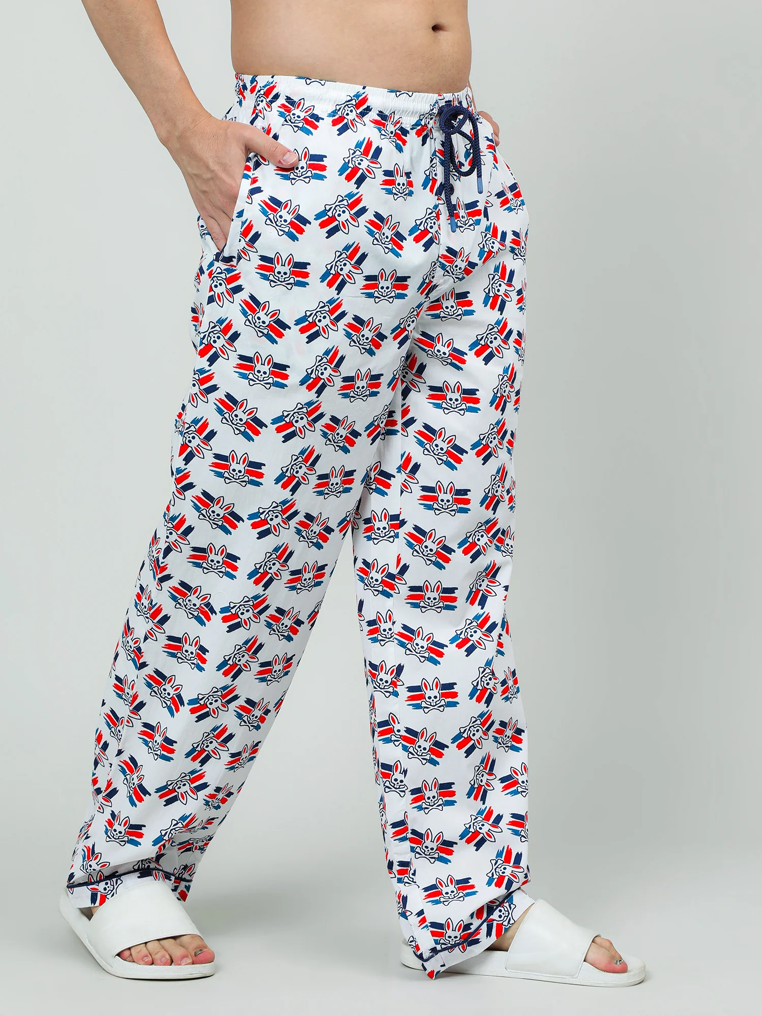 Men Oversized Blue Cotton Checkered Knit Lounge Pants - Image 4