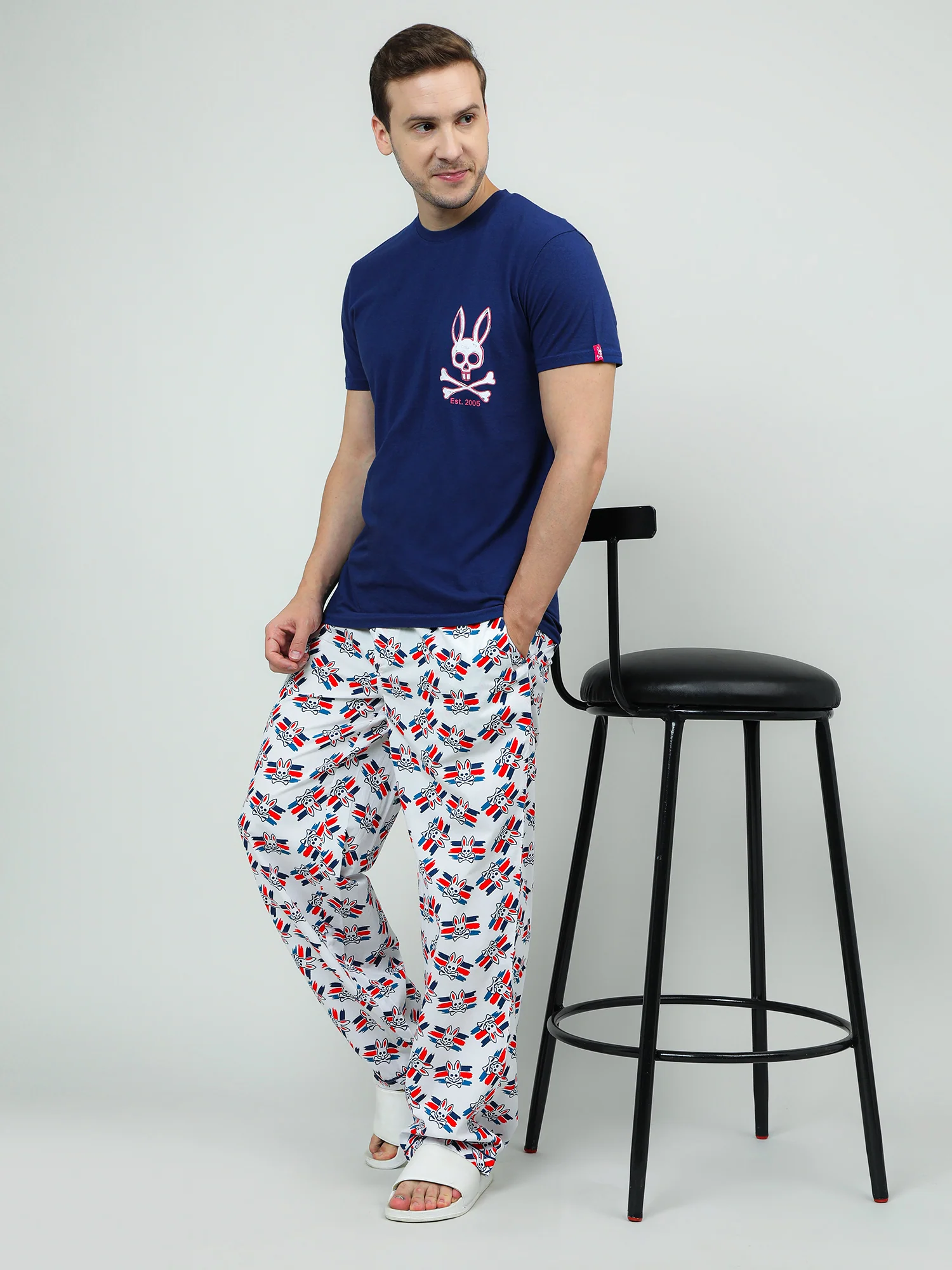 Men Oversized Blue Cotton Checkered Knit Lounge Pants - Image 7