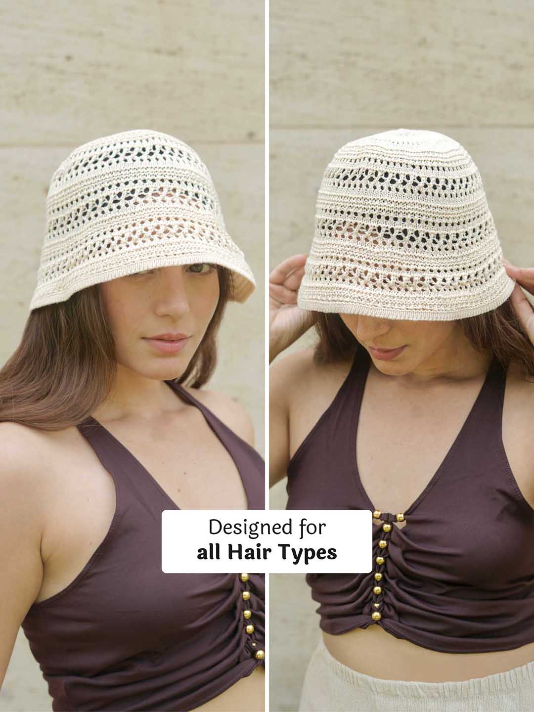 White Hollow Knitted Crochet Sun Bucket Hat - Image 3