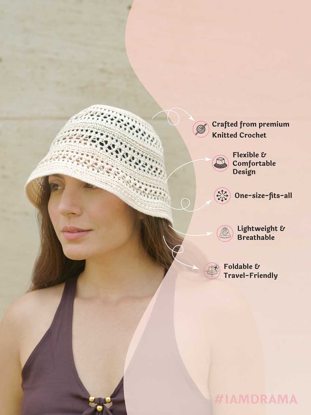 White Hollow Knitted Crochet Sun Bucket Hat - Image 5