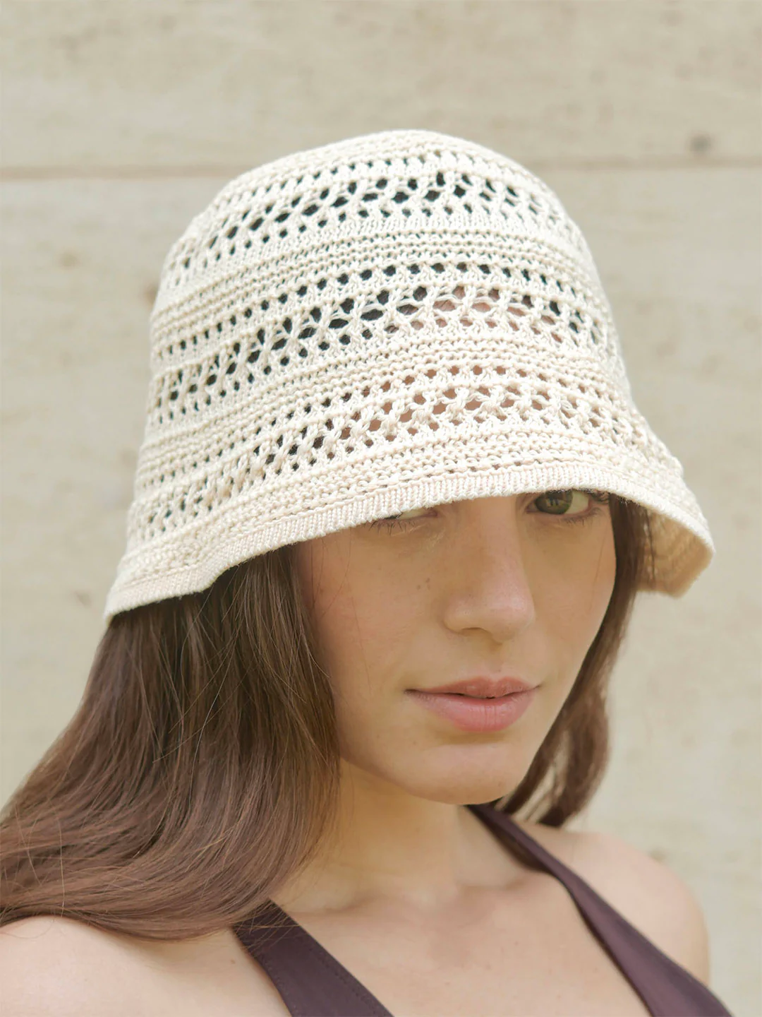 White Hollow Knitted Crochet Sun Bucket Hat - Image 6