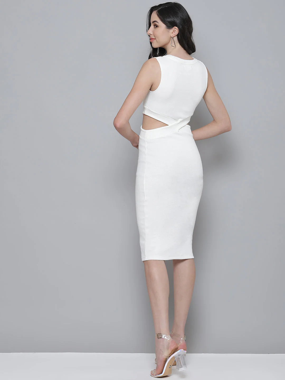 Women White Rib Side Cut-Out Bodycon Dress - Image 4